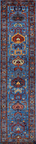 11 Ft Blue Heriz Runner Rug - Hand Knotted Hallway Rug - Persian Design