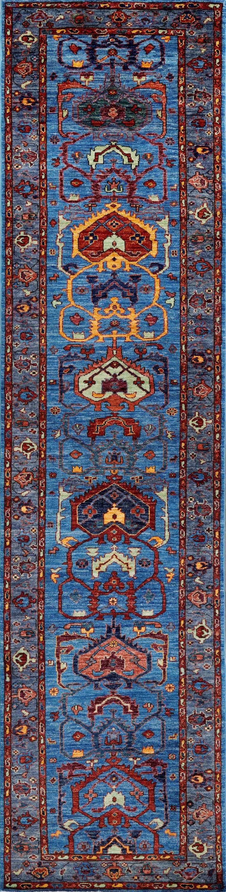 11 Ft Blue Heriz Runner Rug - Hand Knotted Hallway Rug - Persian Design