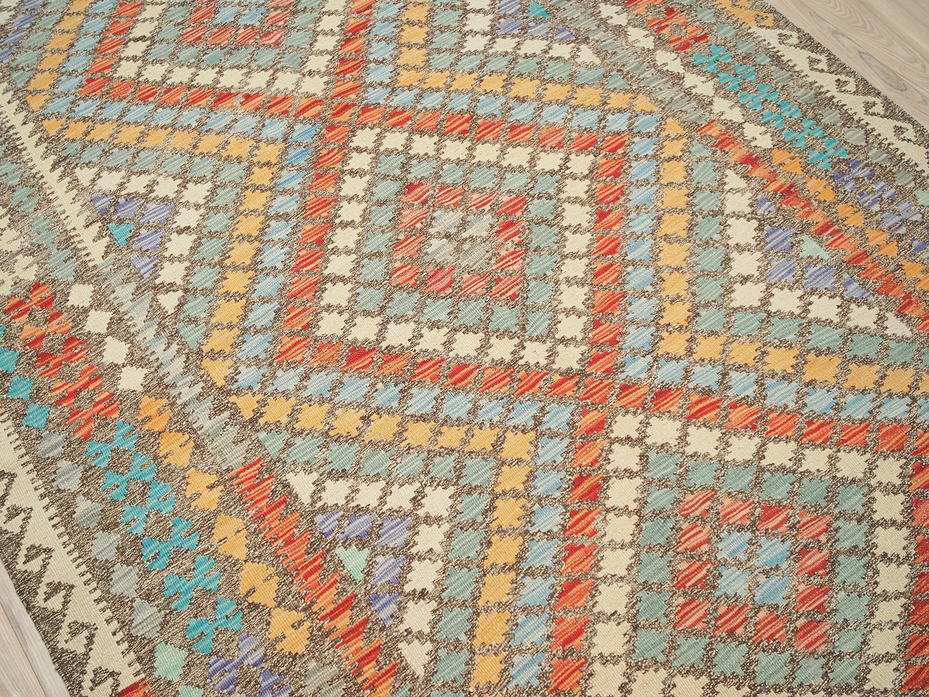 5x8 Ft Red & Orange Wool Kilim Rug - Flat Weave Scandinavian Tribal Design