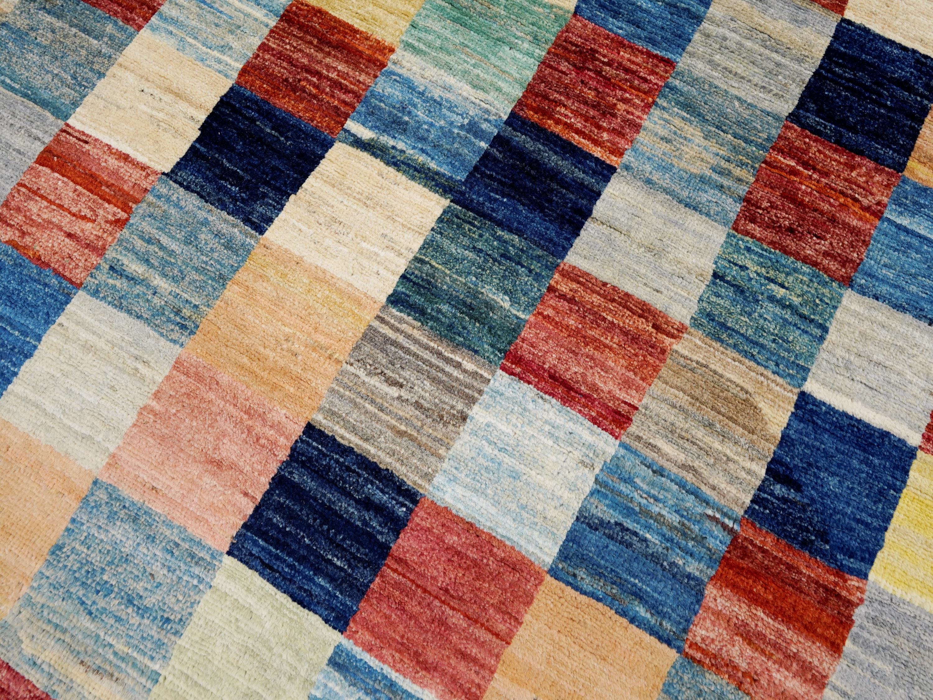 7x10 Multicolor Gabbeh Rug - Afghan Wool Area Rug - Geometric Design