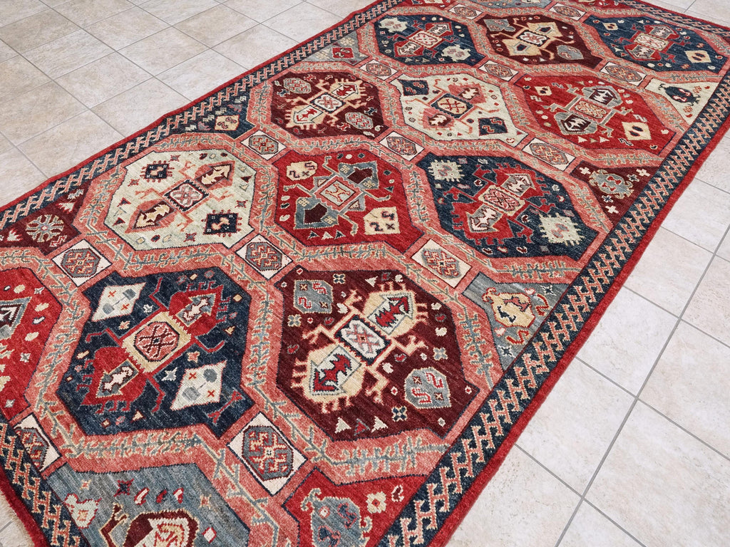 6x12 Ft Blue & Red Sarkisla Rug - Afghan Wool Area Rug - Geometric Design