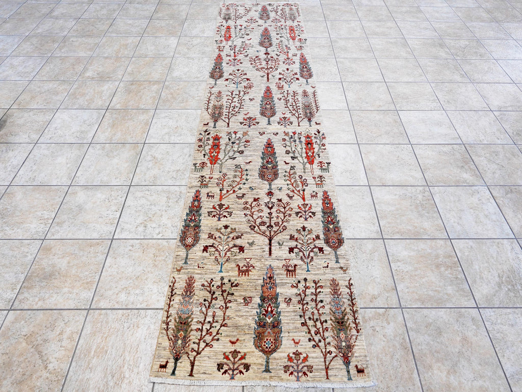11 Ft Beige Afghan Runner Rug - Hand Knotted Hallway Rug - Floral Design