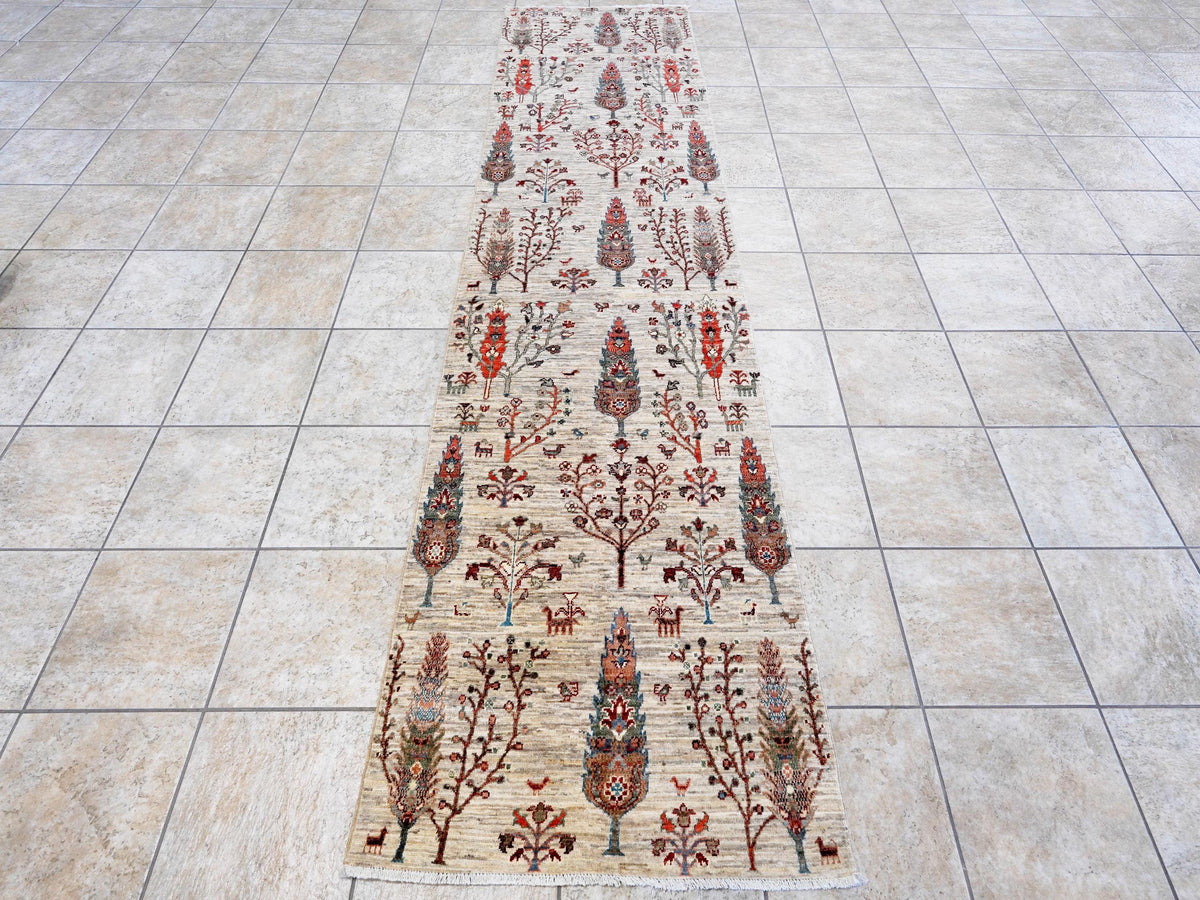 11 Ft Beige Afghan Runner Rug - Hand Knotted Hallway Rug - Floral Design