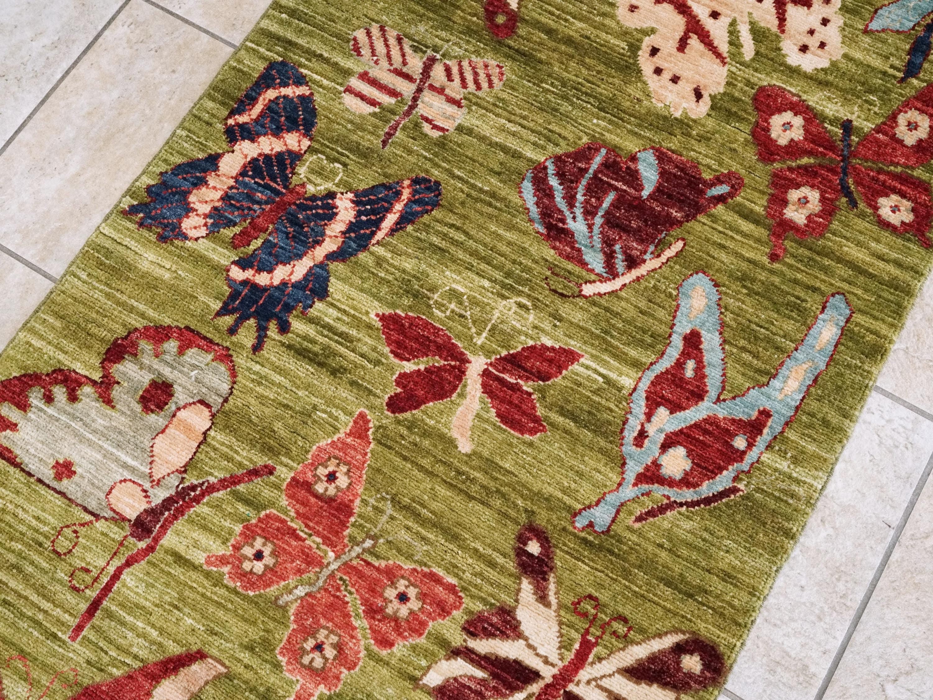 12 Ft Green Butterfly Runner Rug - Afghan Wool Hallway Rug