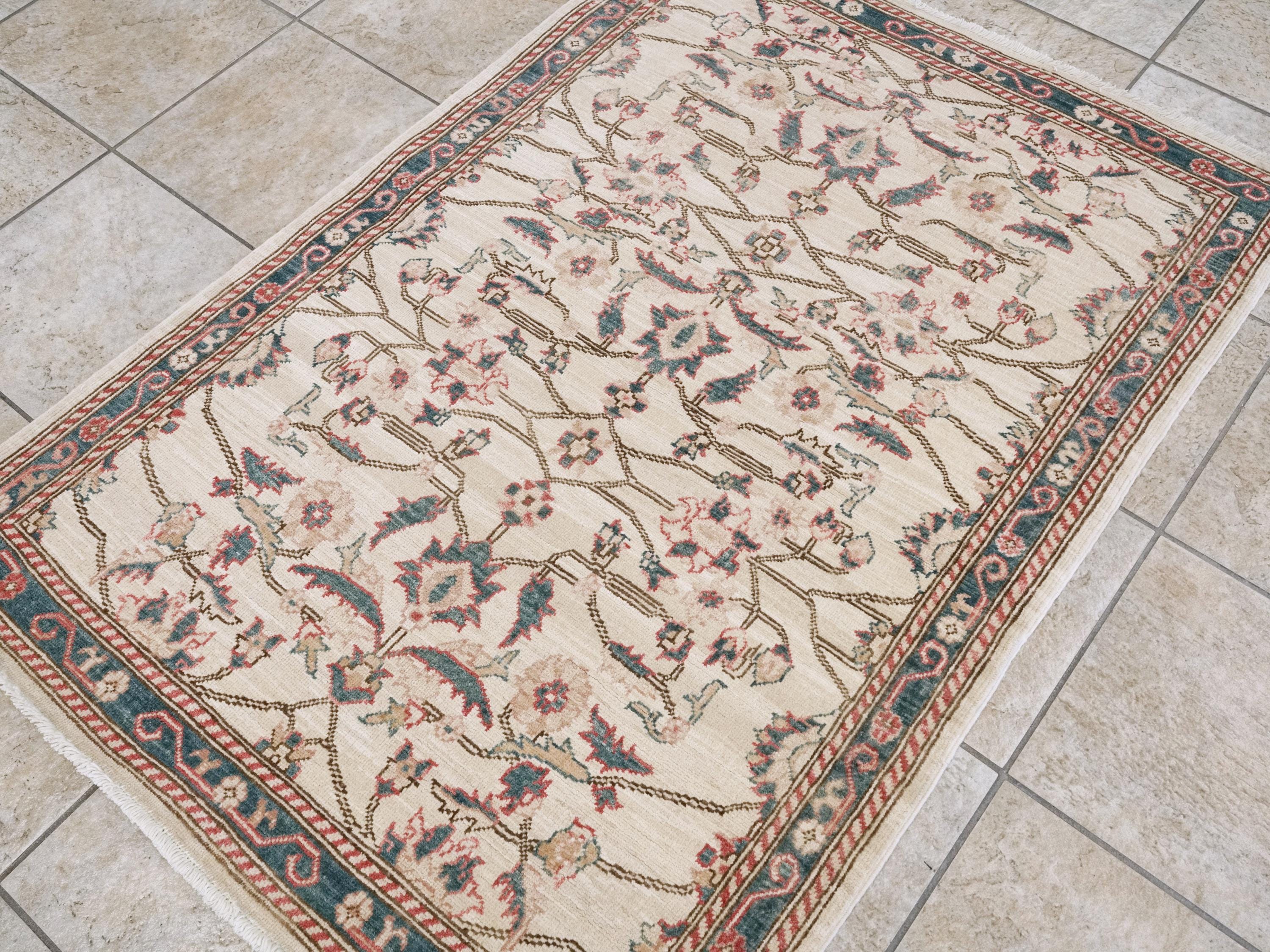3x5 Ft Beige & Green Serapi Rug - Oriental Wool Rug - Floral Design