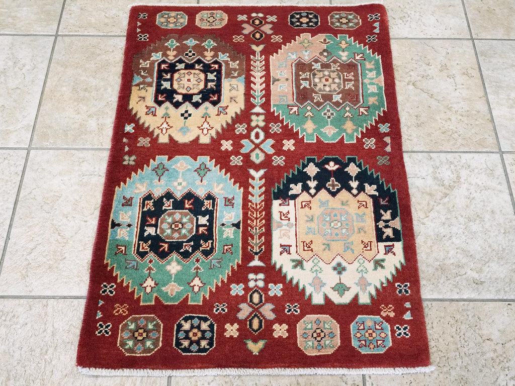 2x3 Ft Red Ersari Rug - Hand Knotted Wool Accent Rug