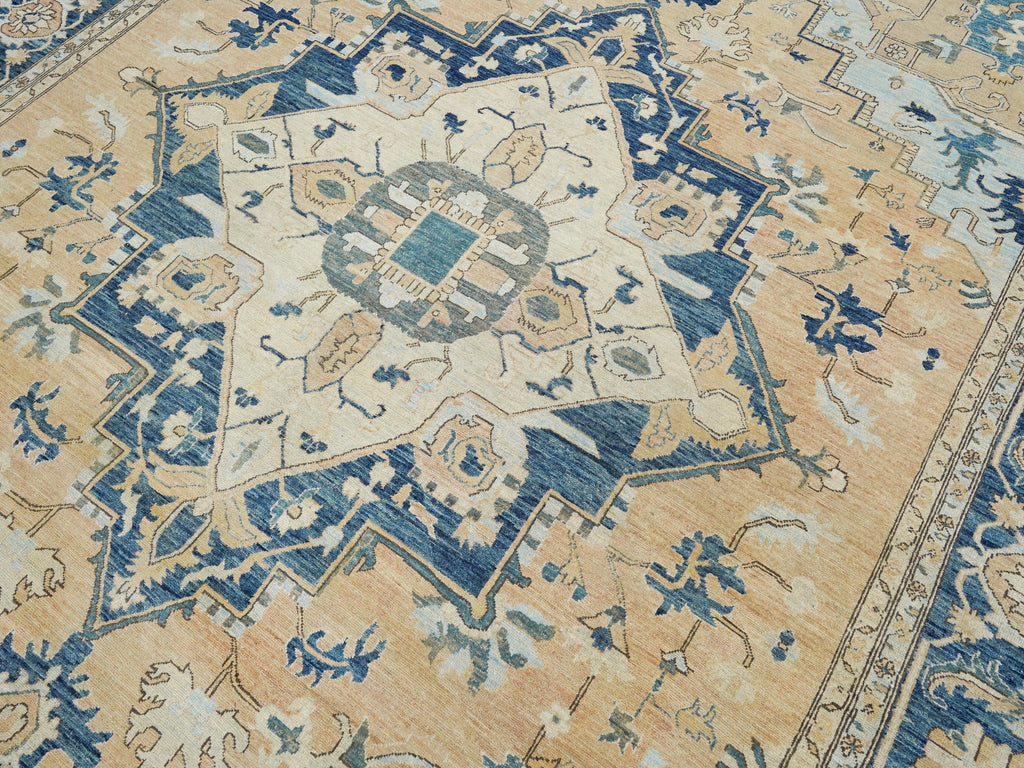10x14 Ft Blue & Orange Heriz Rug - Hand Knotted Antique Rug