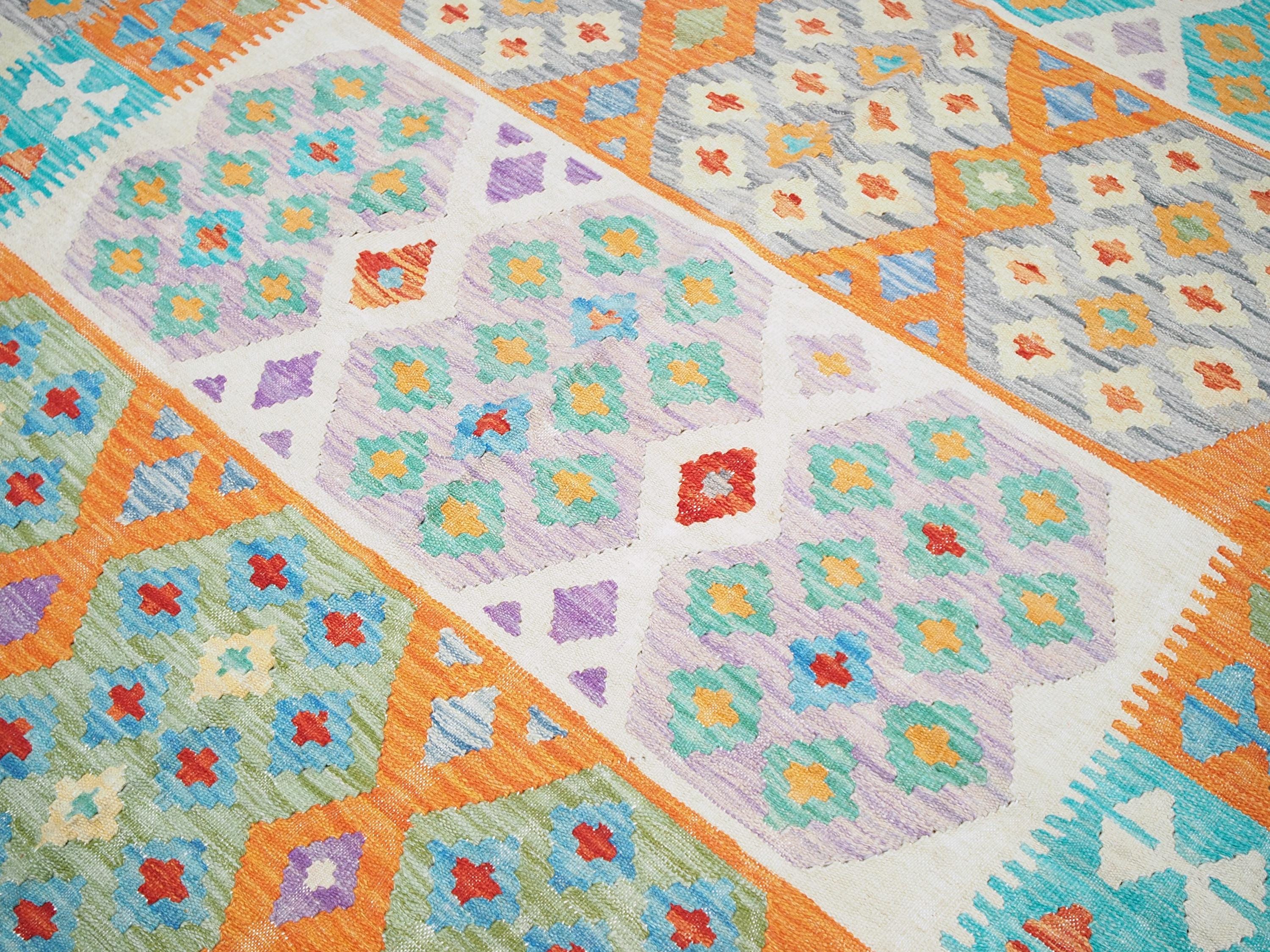 7x10 Ft Orange & Green Kilim Rug - Afghan Tribal Flat Weave