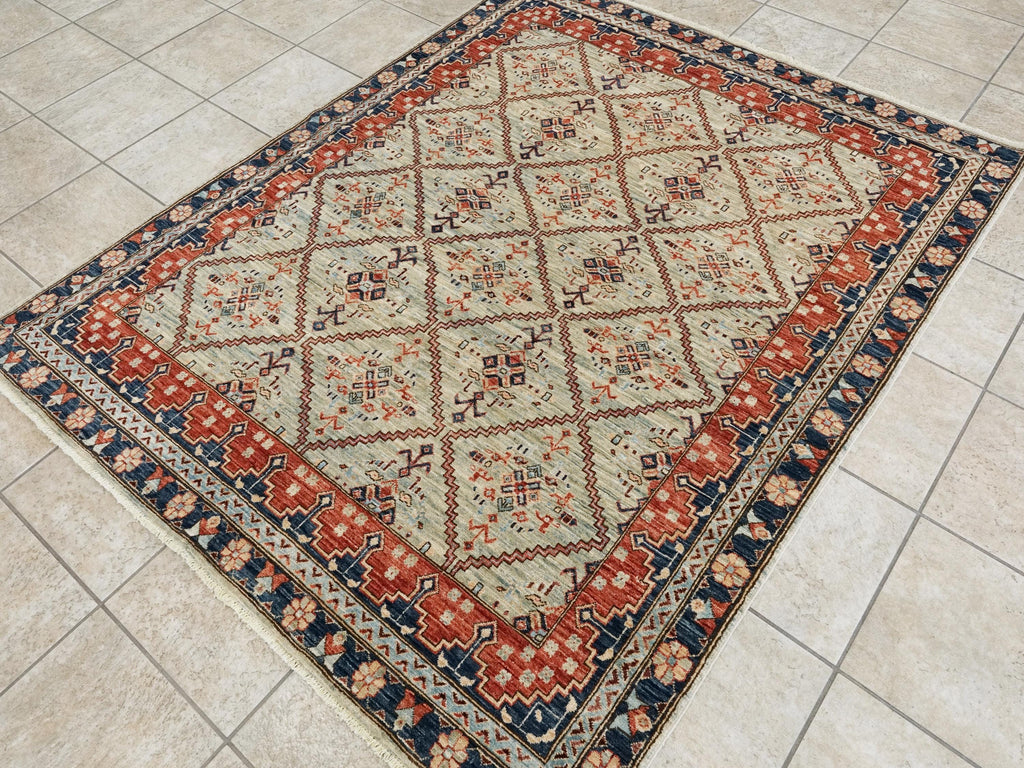 5x7 Ft Light Green Heriz Rug - Hand Knotted Oriental Wool Rug