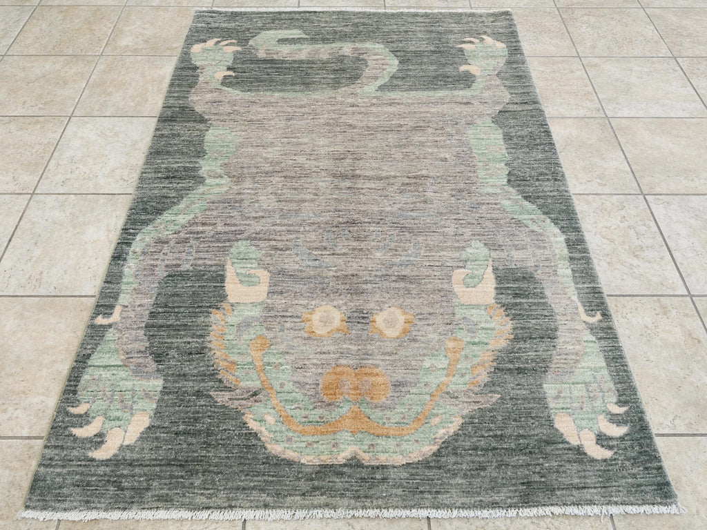 4x6 Ft Green & Gray Wool Tiger Rug - Oriental Area Rug