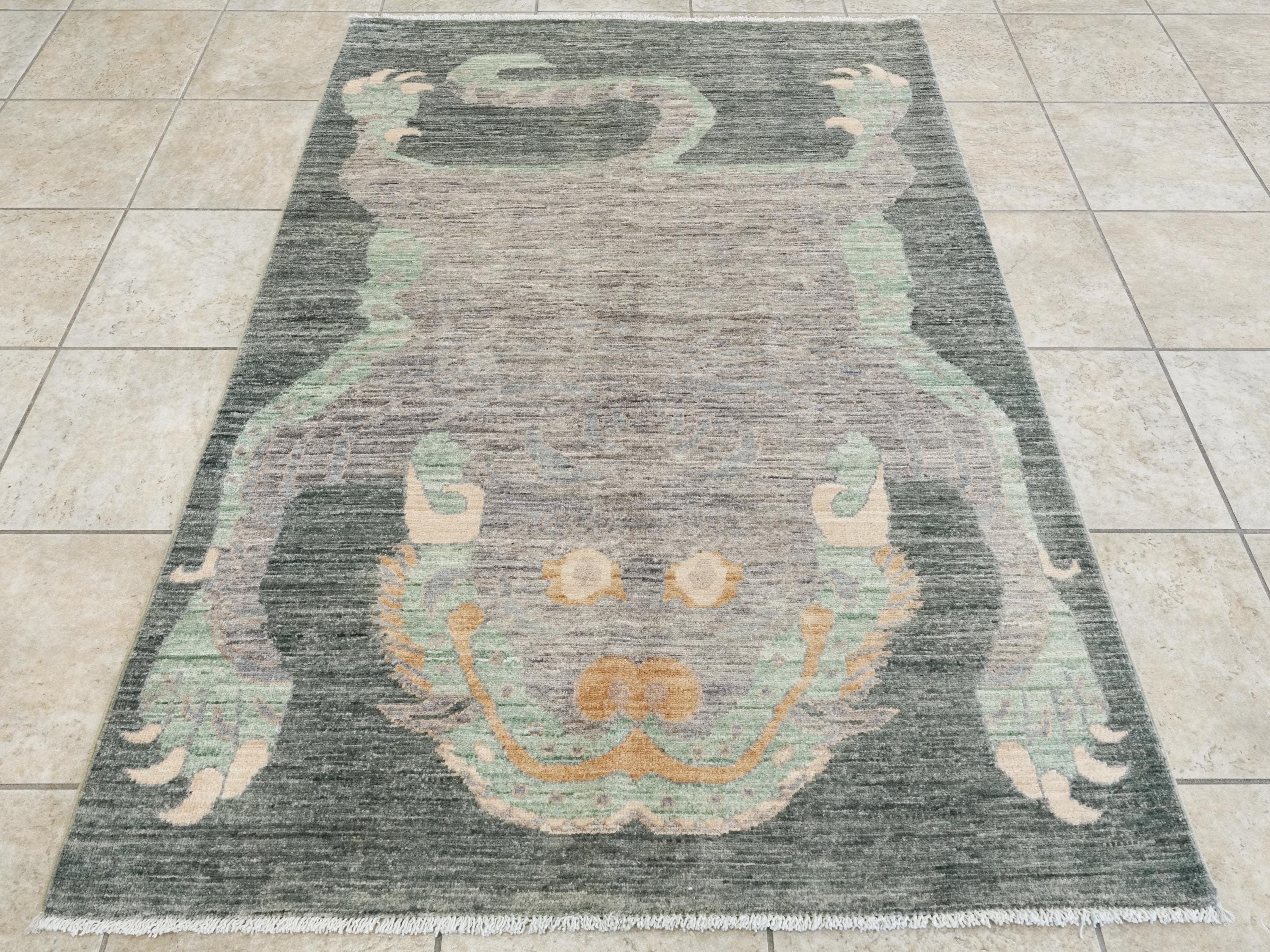 4x6 Ft Green & Gray Wool Tiger Rug - Oriental Area Rug
