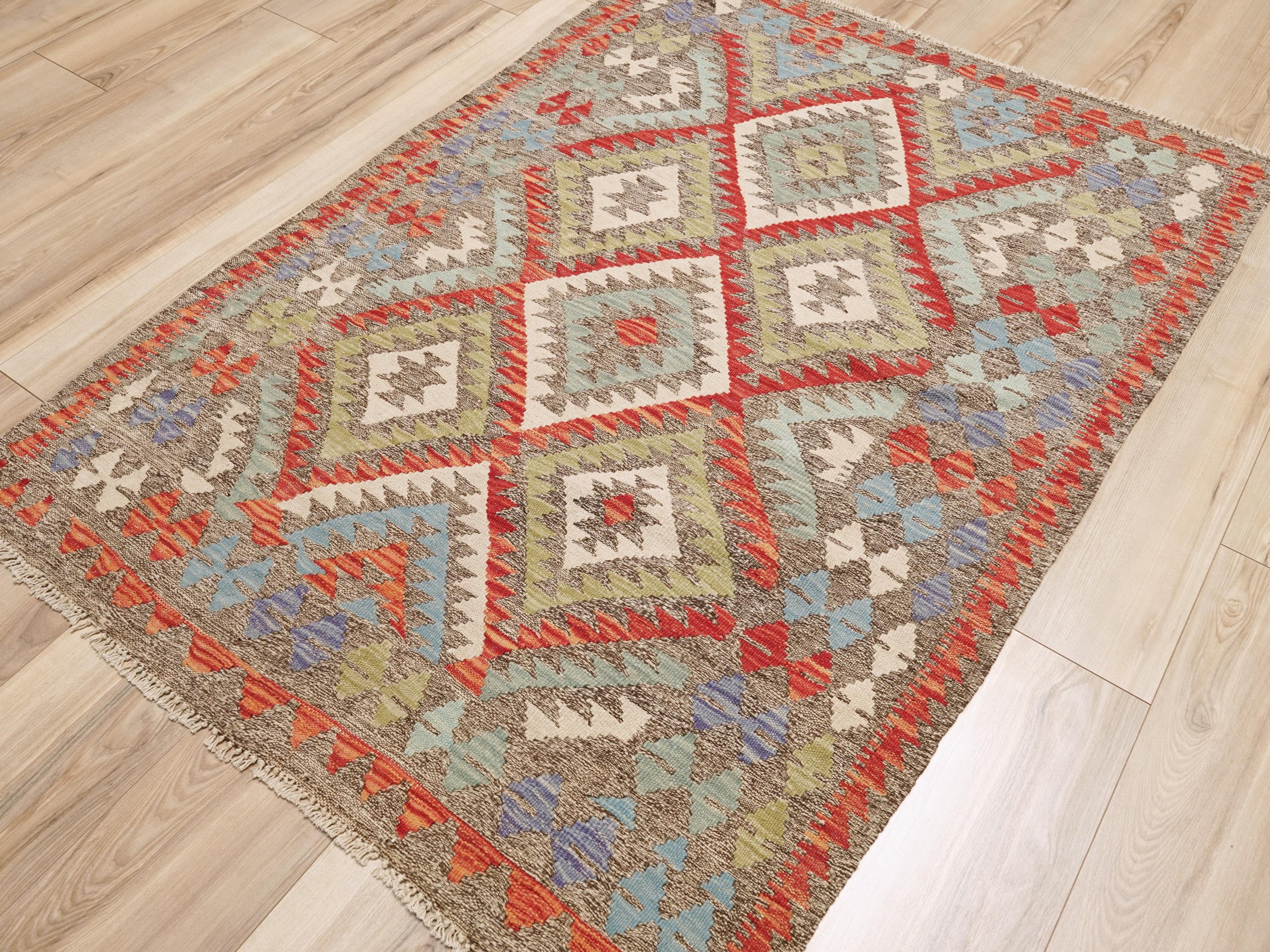 4x5 Ft Red Maimana Kilim Rug - Traditional Flat Weave Wool Rug