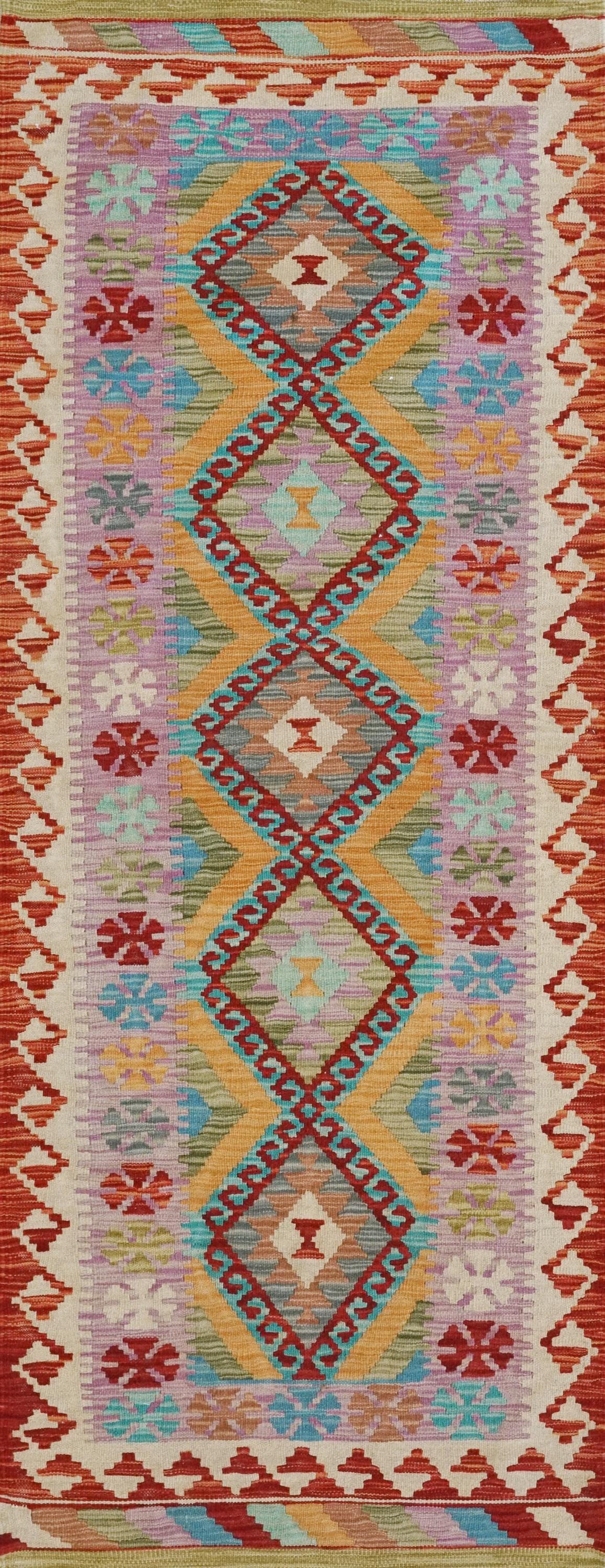 7 Ft Red Kilim Runner Rug - Traditional Flat Weave, Ghazni Wool Rug