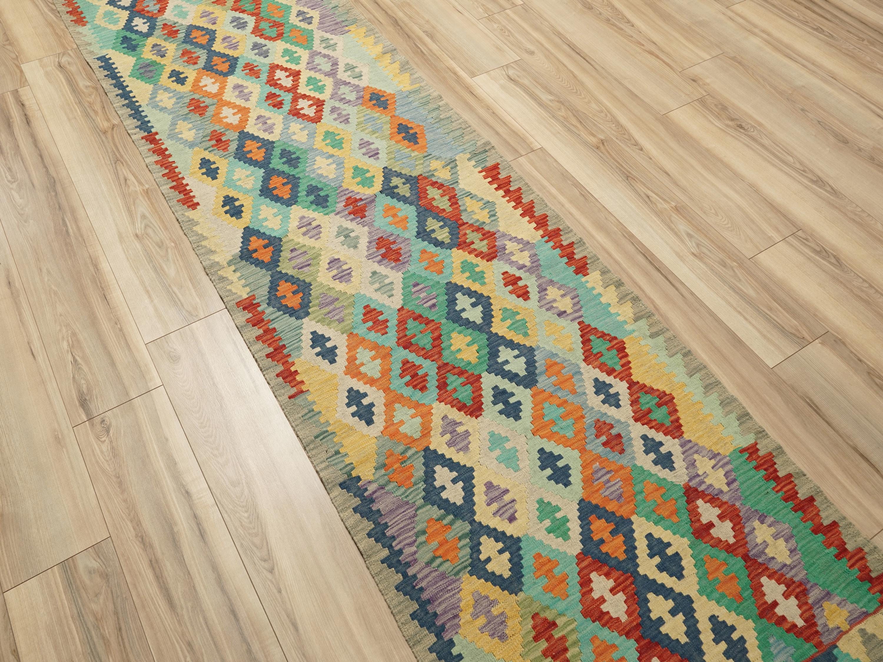 10 Ft Colorful Kilim Runner Rug - Traditional Afghan Flat Weave