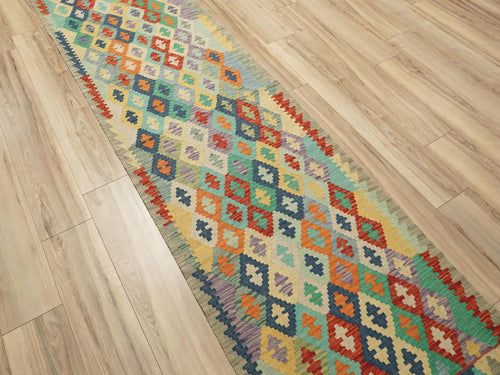 10 Ft Colorful Kilim Runner Rug - Traditional Afghan Flat Weave