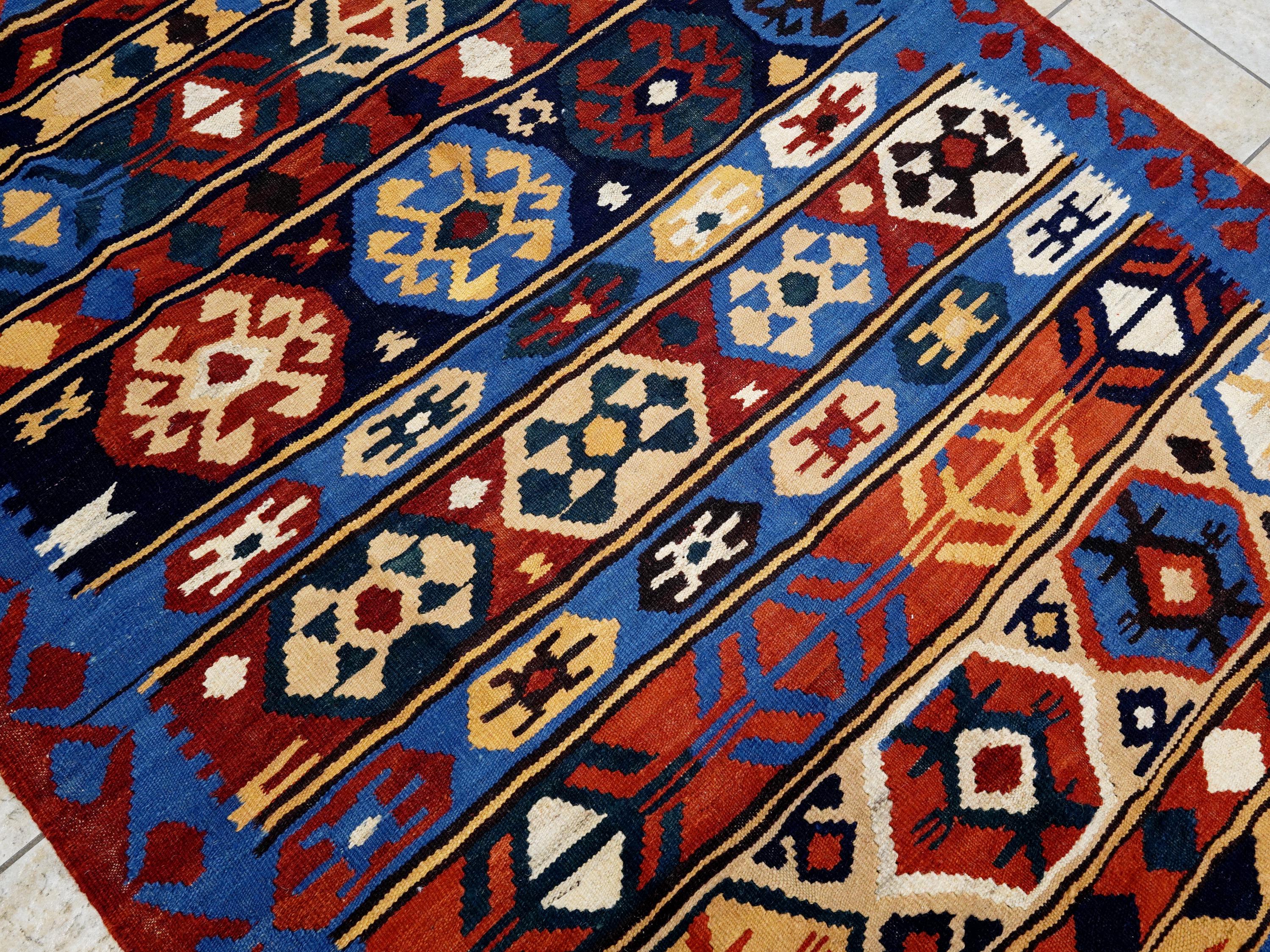 5x7 Ft Blue & Red Kilim Rug - Handwoven Afghan Flat Weave - Tribal Design