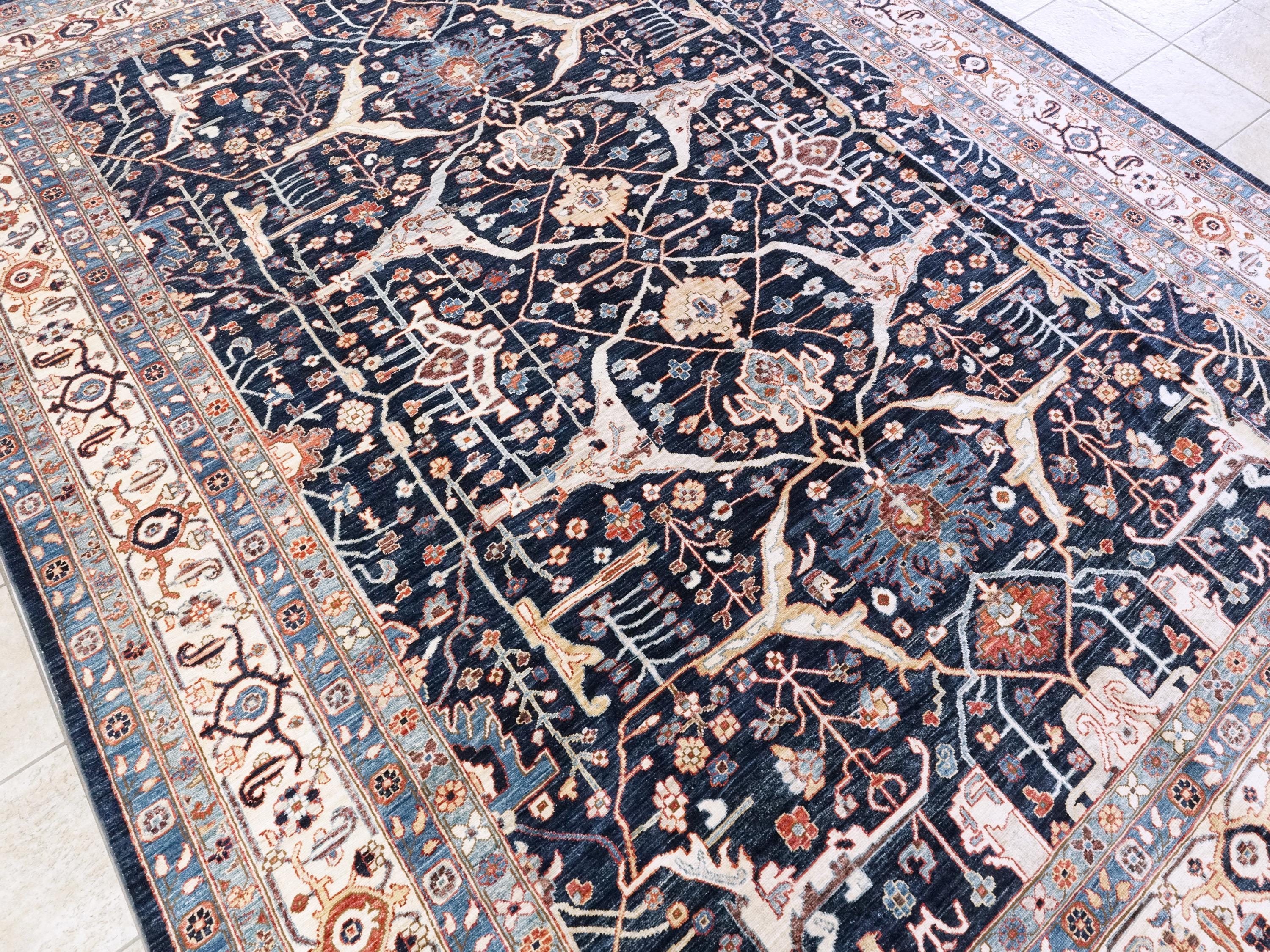 9x12 Ft Blue & Beige Serapi Rug - Hand Knotted Area Rug - Persian Design