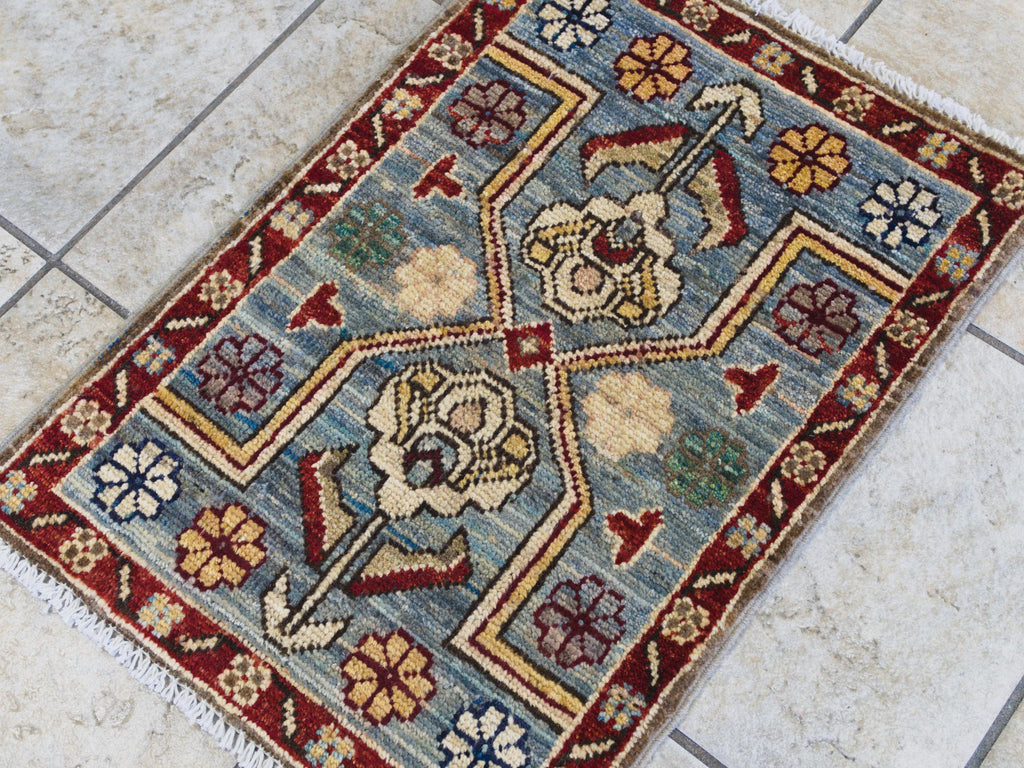 1x2 Ft Blue & Red Heriz Rug - Wool Accent Rug