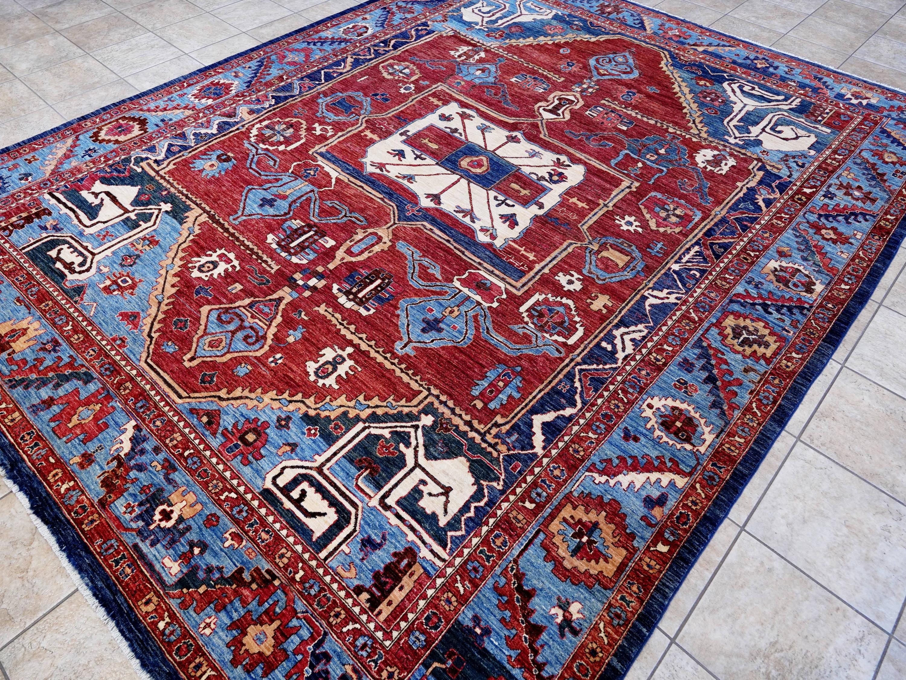 9x12 Ft Red & Blue Heriz Rug - Afghan Oriental Area Rug - Persian Design