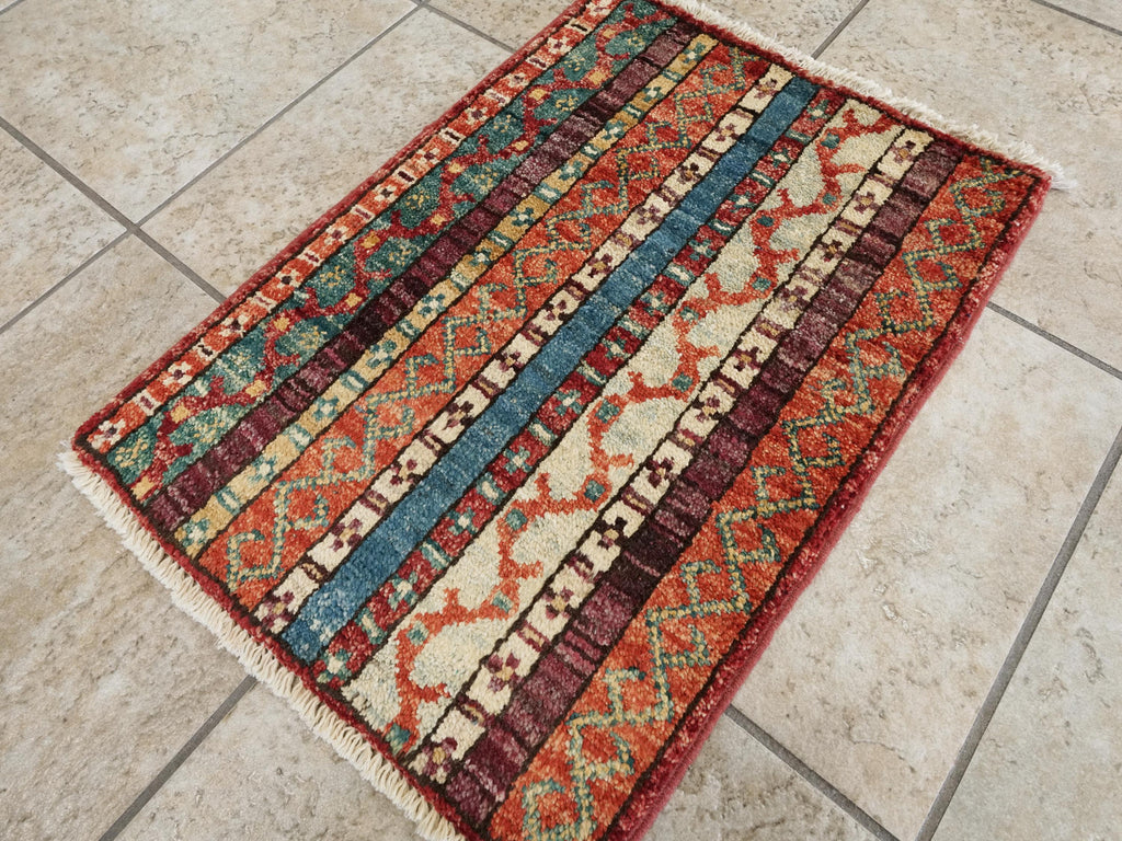 1x2 Ft Red Heriz Rug - Hand Knotted Ghazni Wool Oriental Doormat