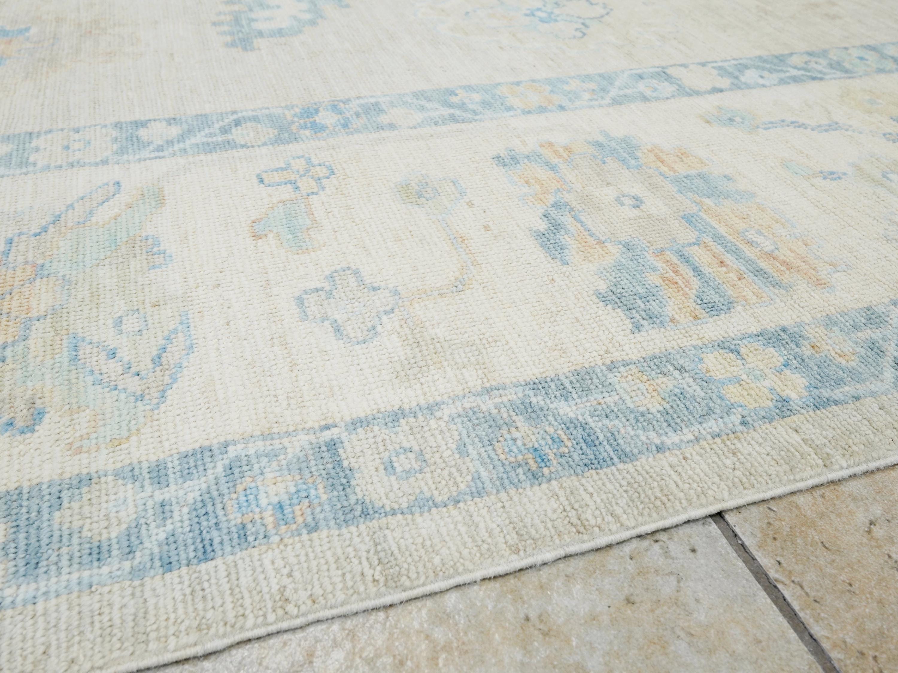 10x14 Ft Blue Oushak Rug - Hand Knotted Afghan Rug - Turkish Floral Design