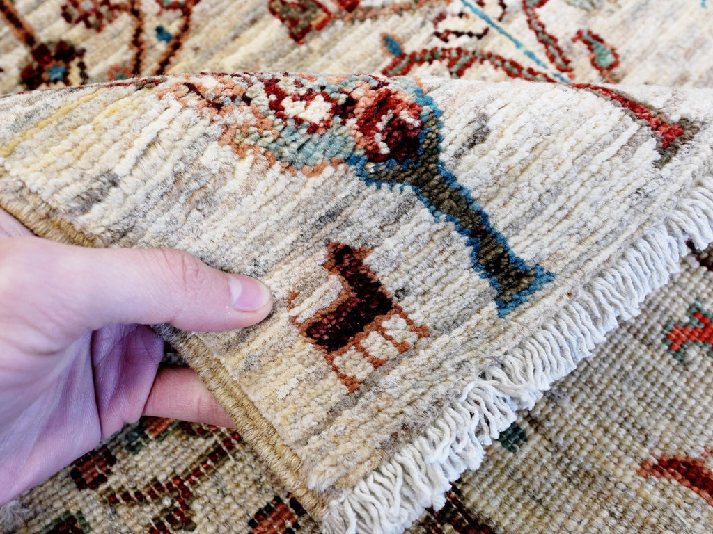 11 Ft Beige Afghan Runner Rug - Hand Knotted Hallway Rug - Floral Design
