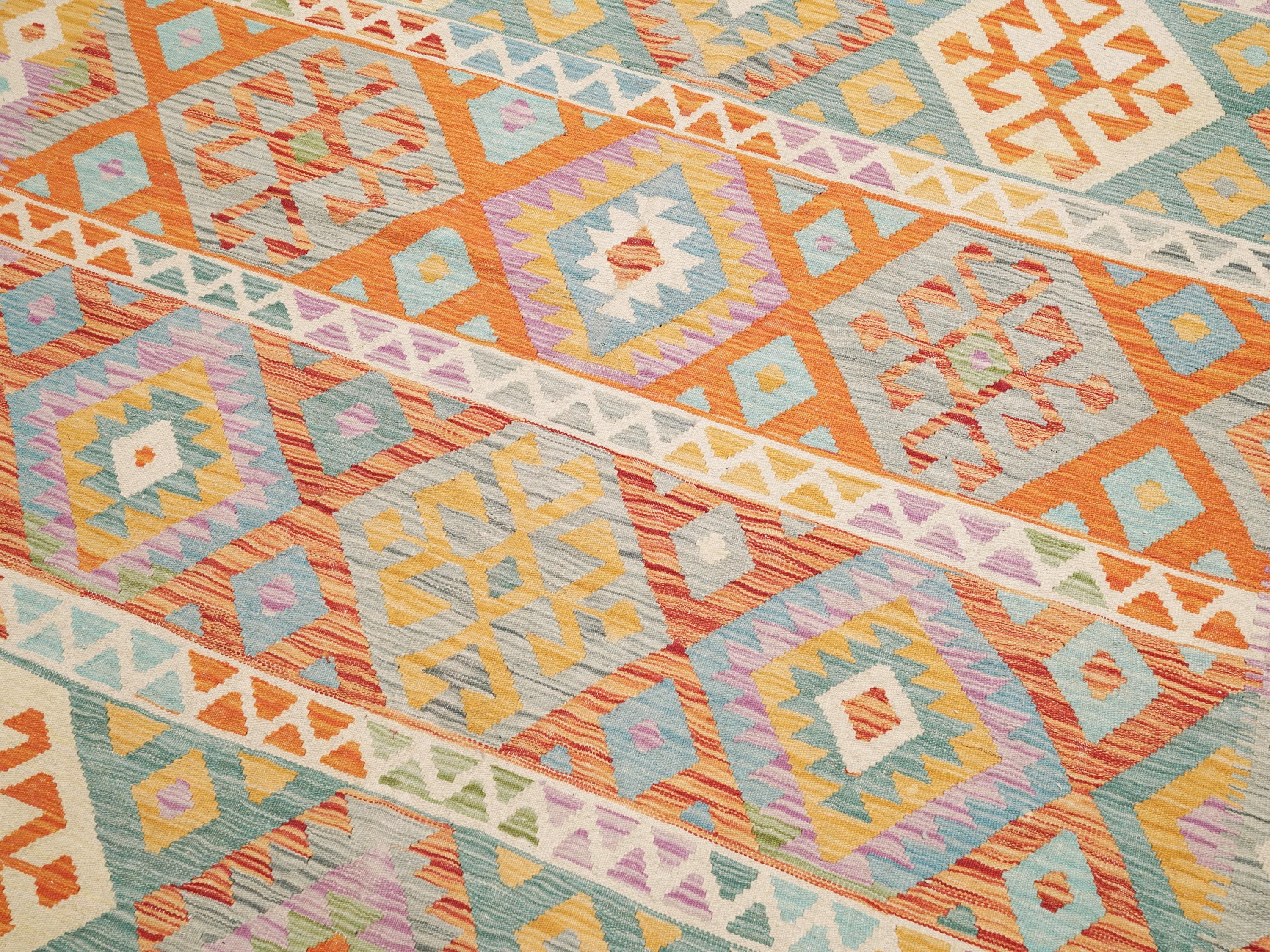 7x10 Ft Maimana Kilim Rug - Red & Green Flat Weave Afghan Rug