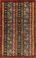 1x2 Ft Hand Knotted Heriz Rug - Red & Green Afghan Wool