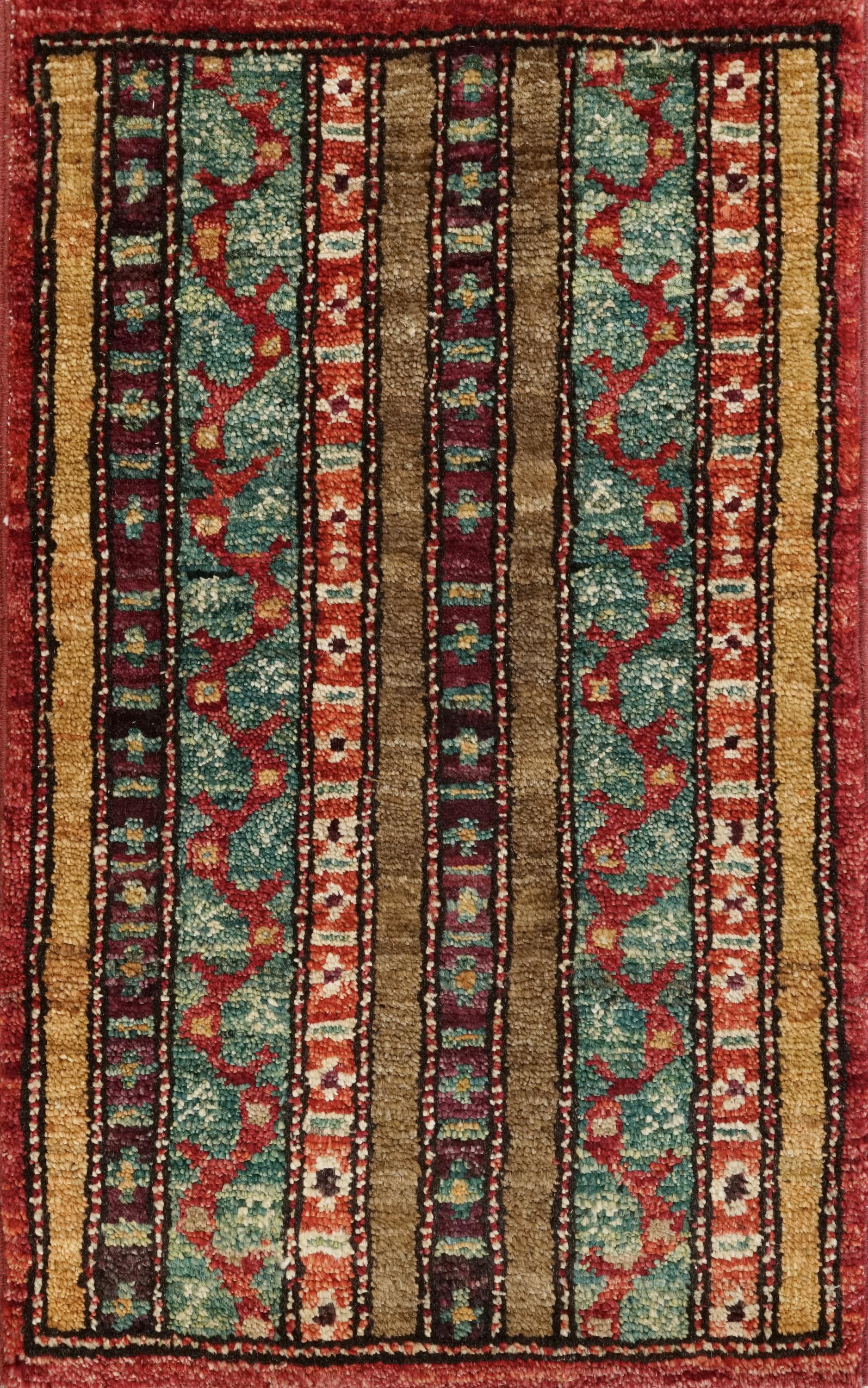 1x2 Ft Hand Knotted Heriz Rug - Red & Green Afghan Wool
