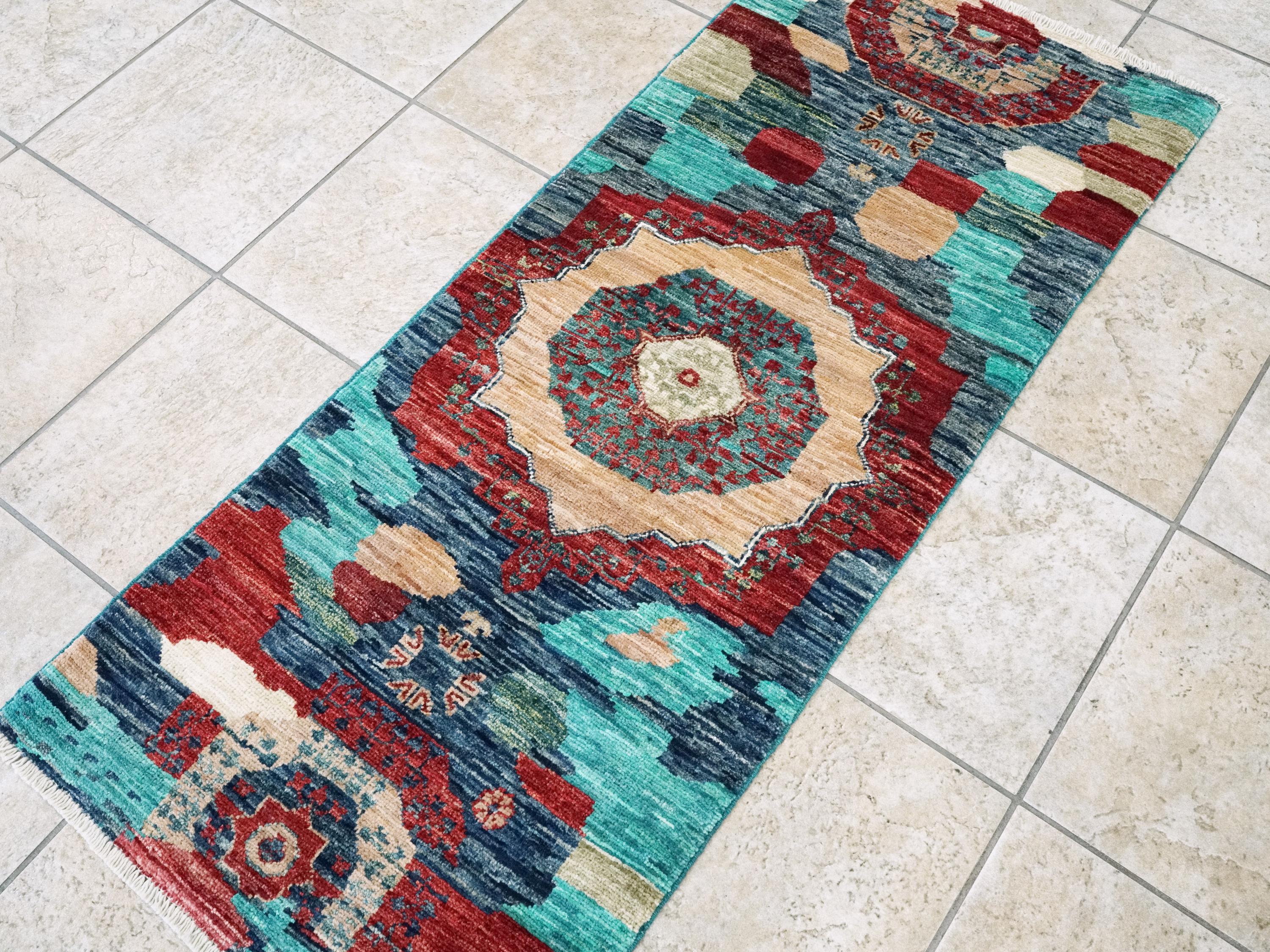 2x5 Ft Blue Mamluk Rug - Hand Knotted Wool Hallway Runner