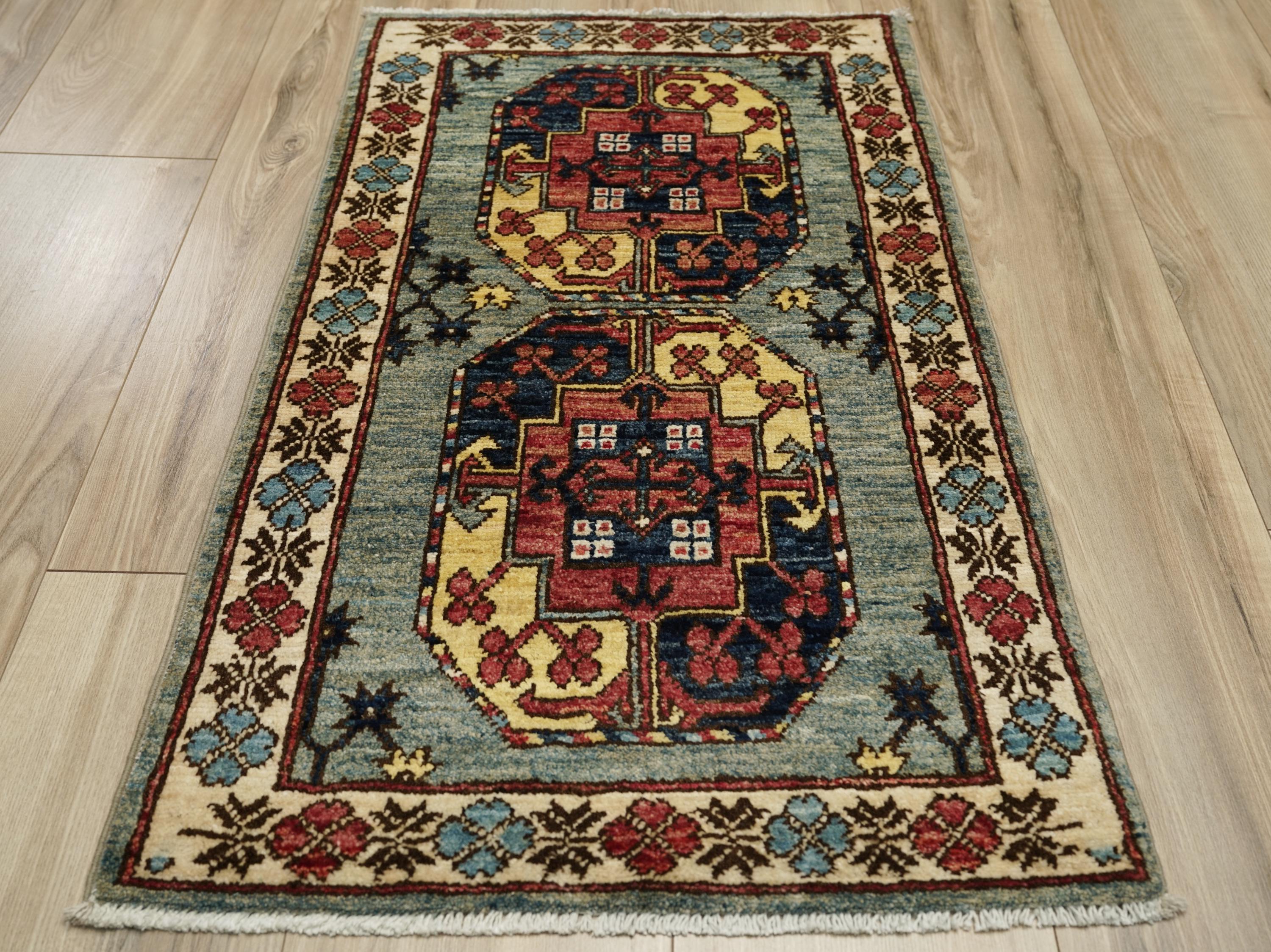 2x3 Ft Blue Ersari Rug - Afghan Wool Rug - Turkmen Design