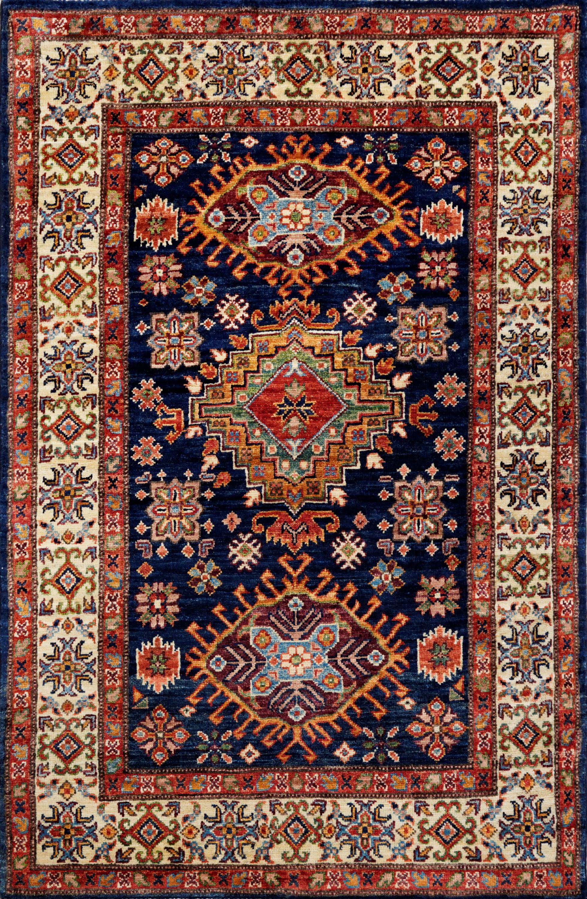 3x5 Ft Blue Kazak Rug - Handmade Afghan Rug