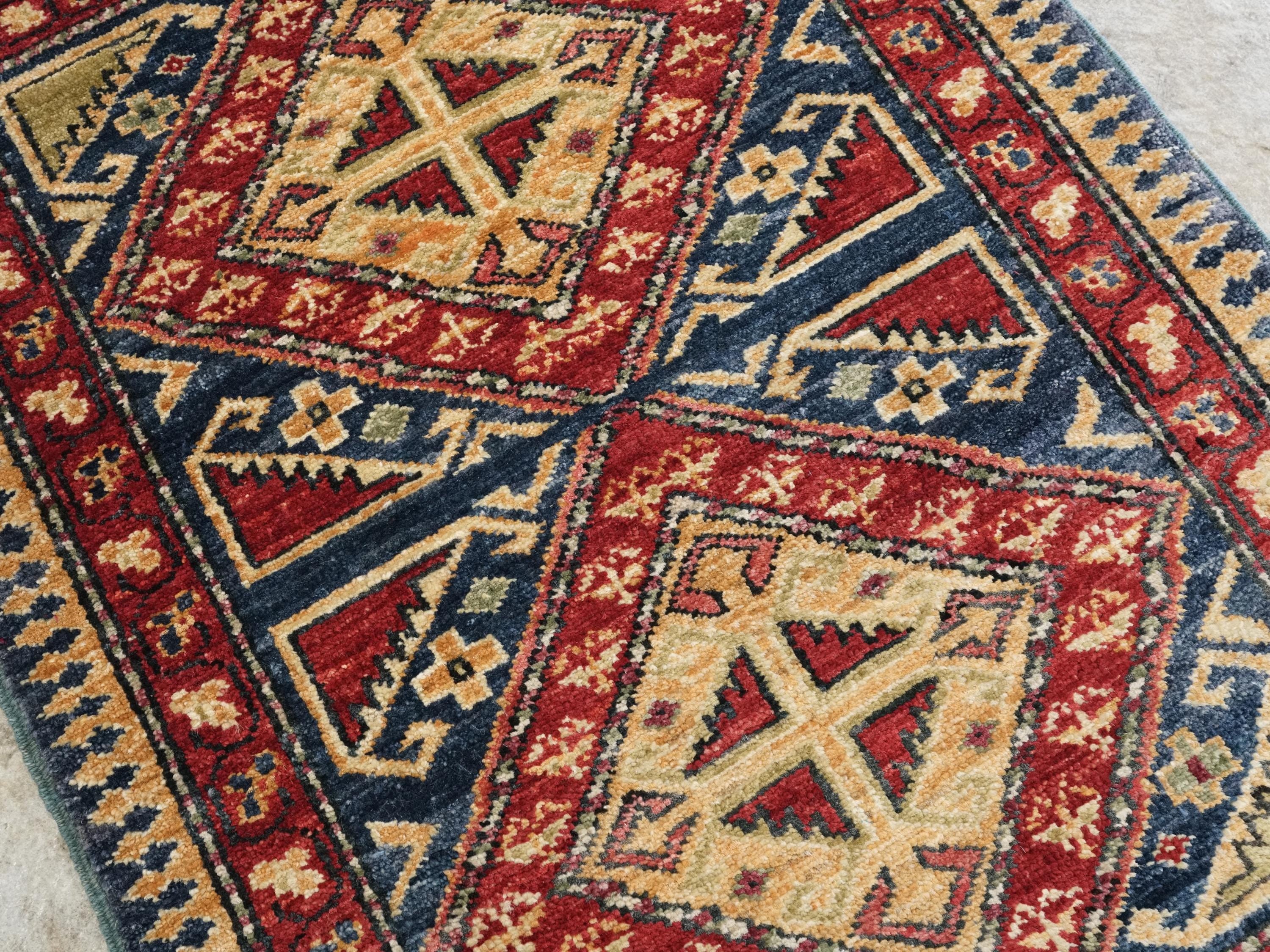 2x3 Ft Handmade Afghan Heriz Rug - Blue Wool Accent Rug