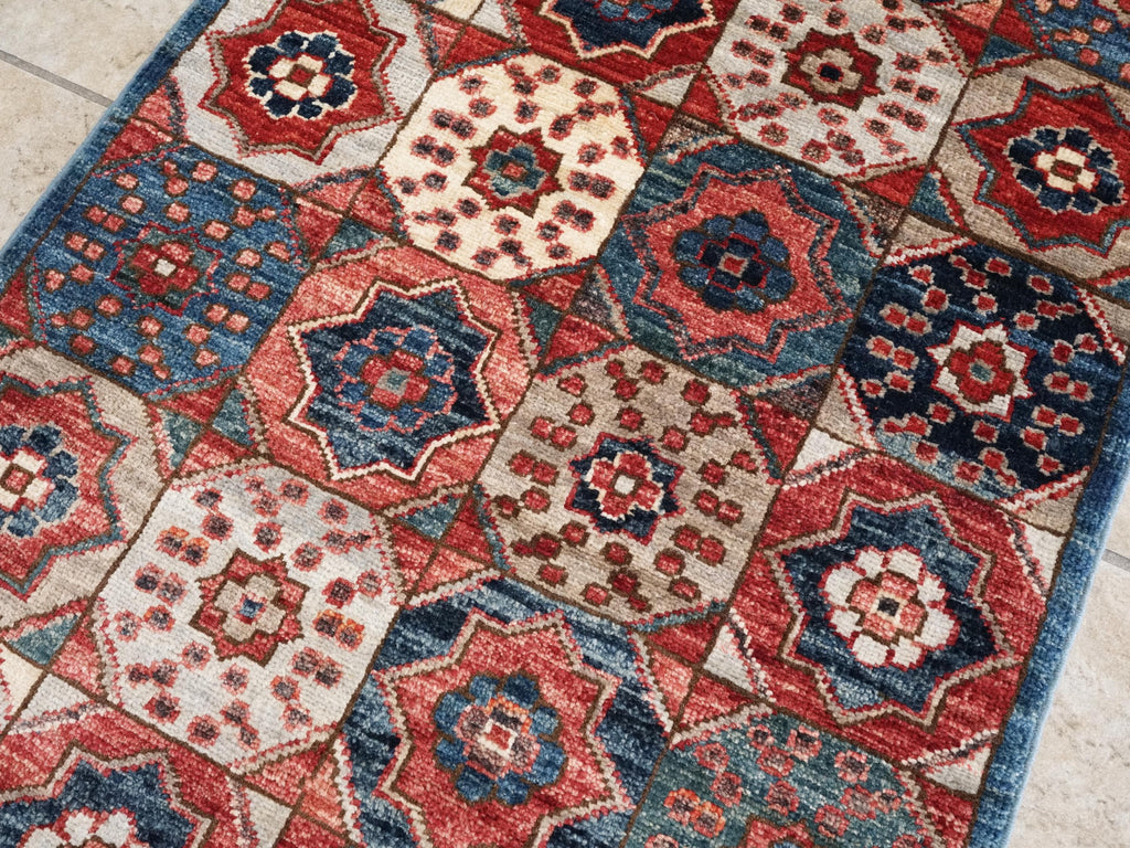 2x5 Ft Blue Mamluk Rug - Hand Knotted Ghazni Wool Runner
