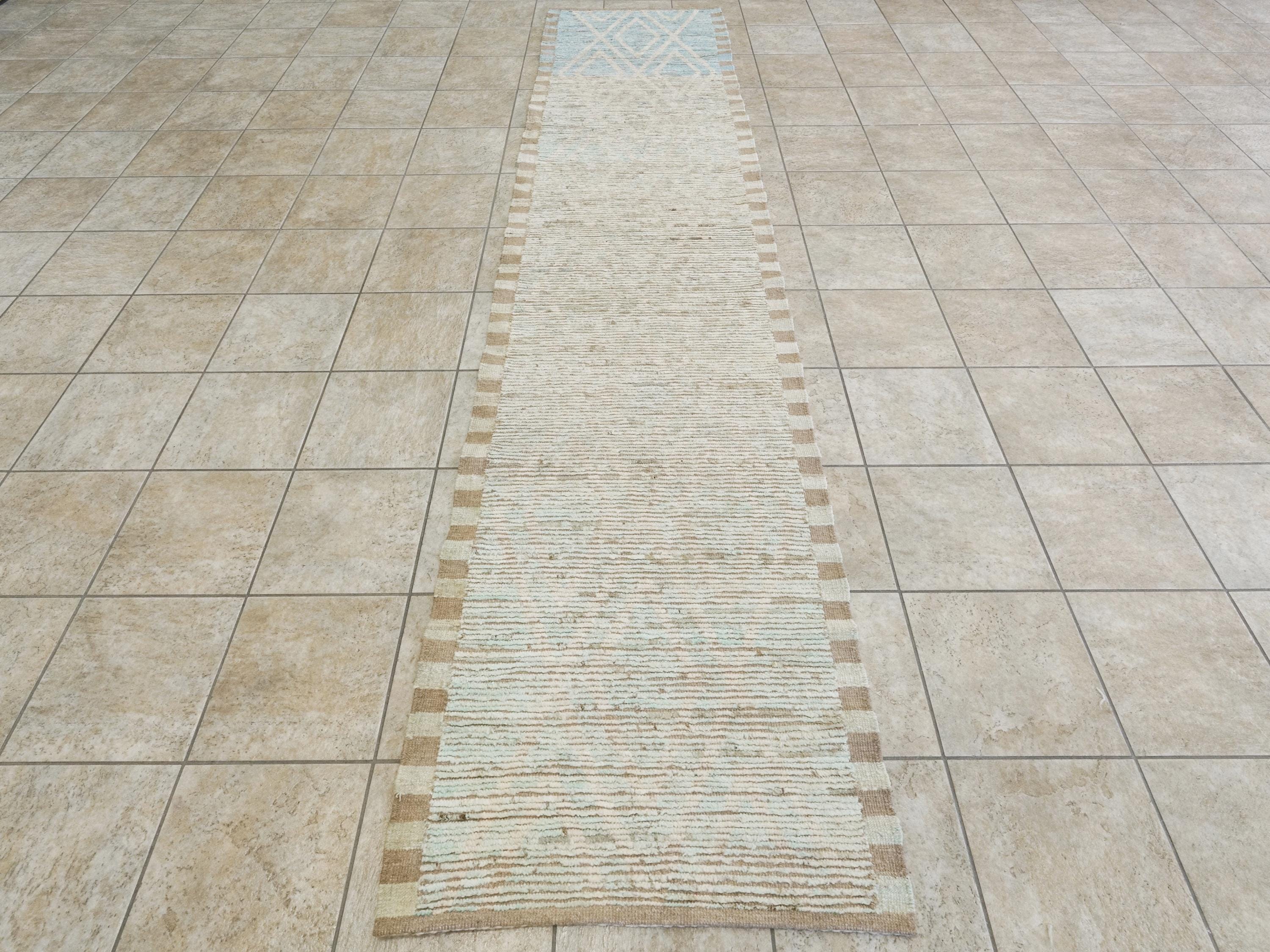 13 Ft Light Blue Moroccan Runner Rug - Hand Knotted Wool Rug