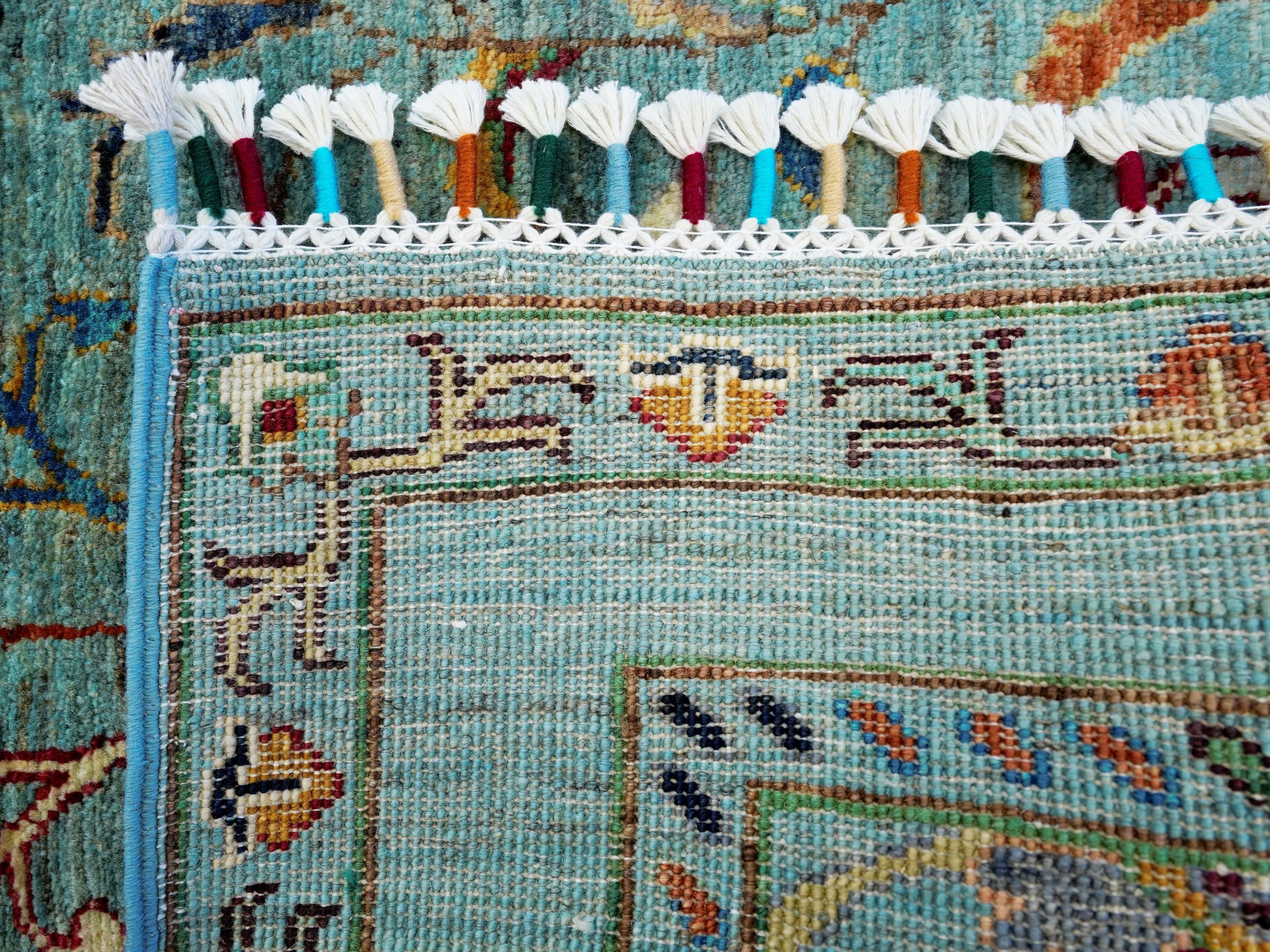 9 Ft Cyan Serapi Runner Rug - Hand Knotted Hallway Rug - Persian Design