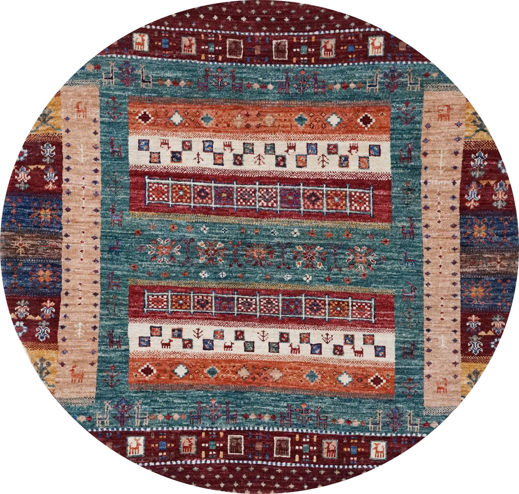 4x4 Ft Colorful Khorjin Rug - Hand Knotted Round Rug - Tribal Design