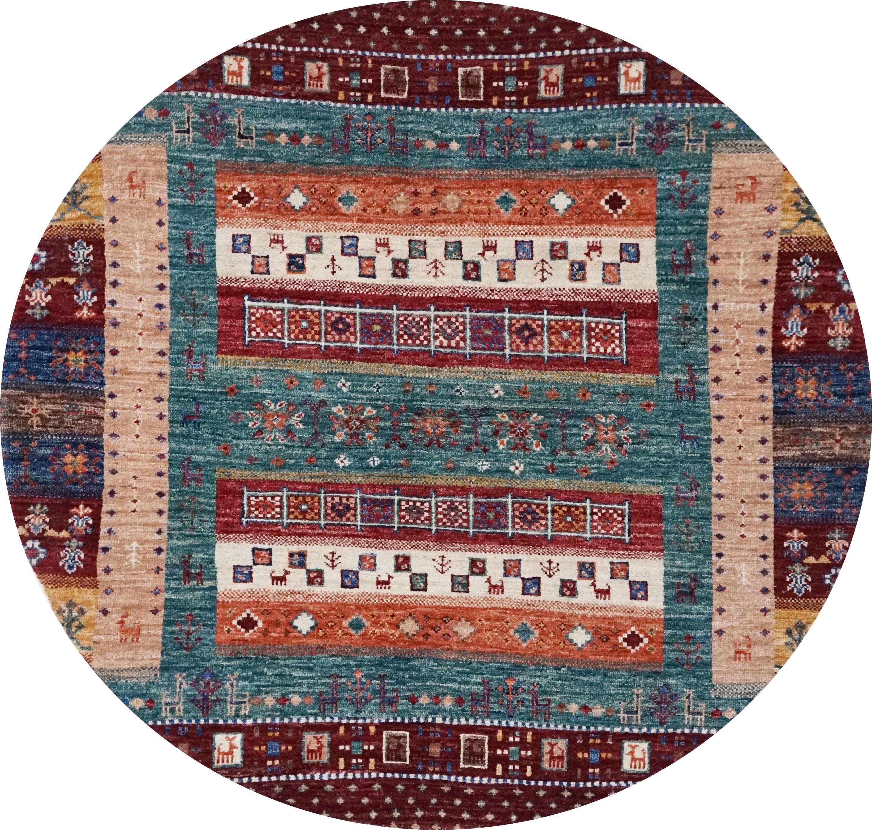 4x4 Ft Colorful Khorjin Rug - Hand Knotted Round Rug - Tribal Design