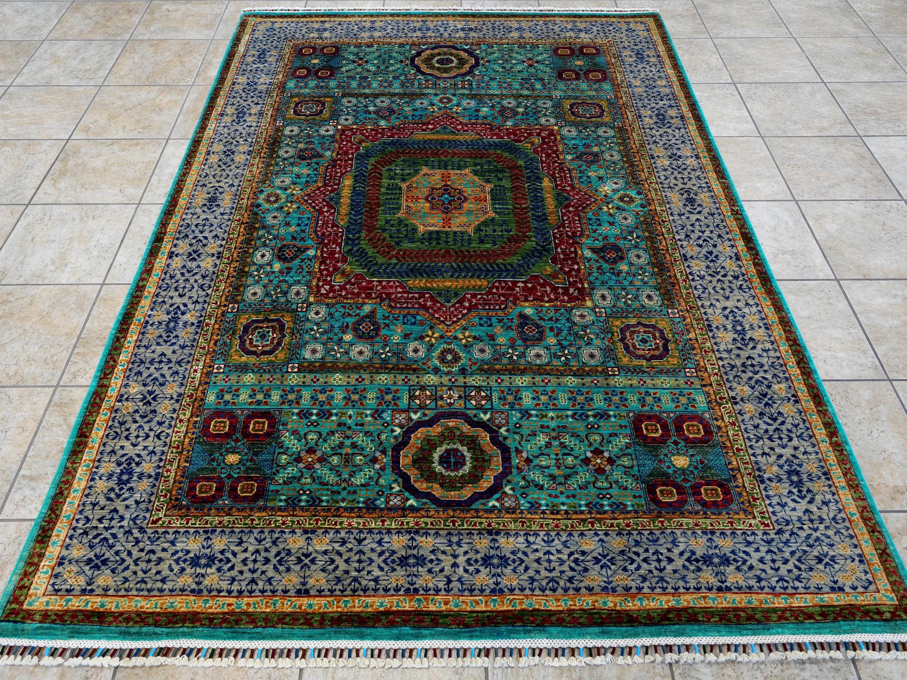 6x8 Ft Cyan Mamluk Rug - Hand Knotted Oriental Area Rug