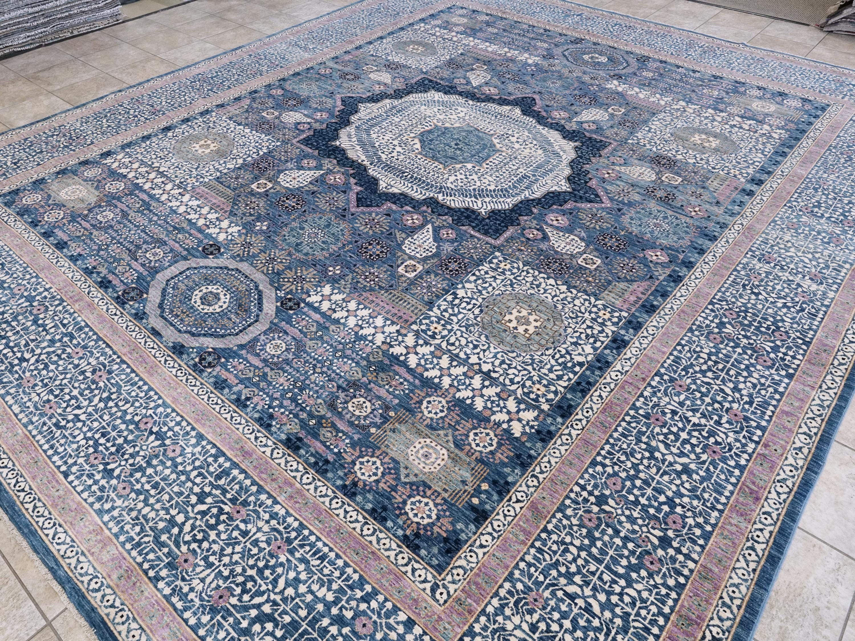 12x15 Ft Blue Mamluk Rug - Hand Knotted Area Rug - Oversize