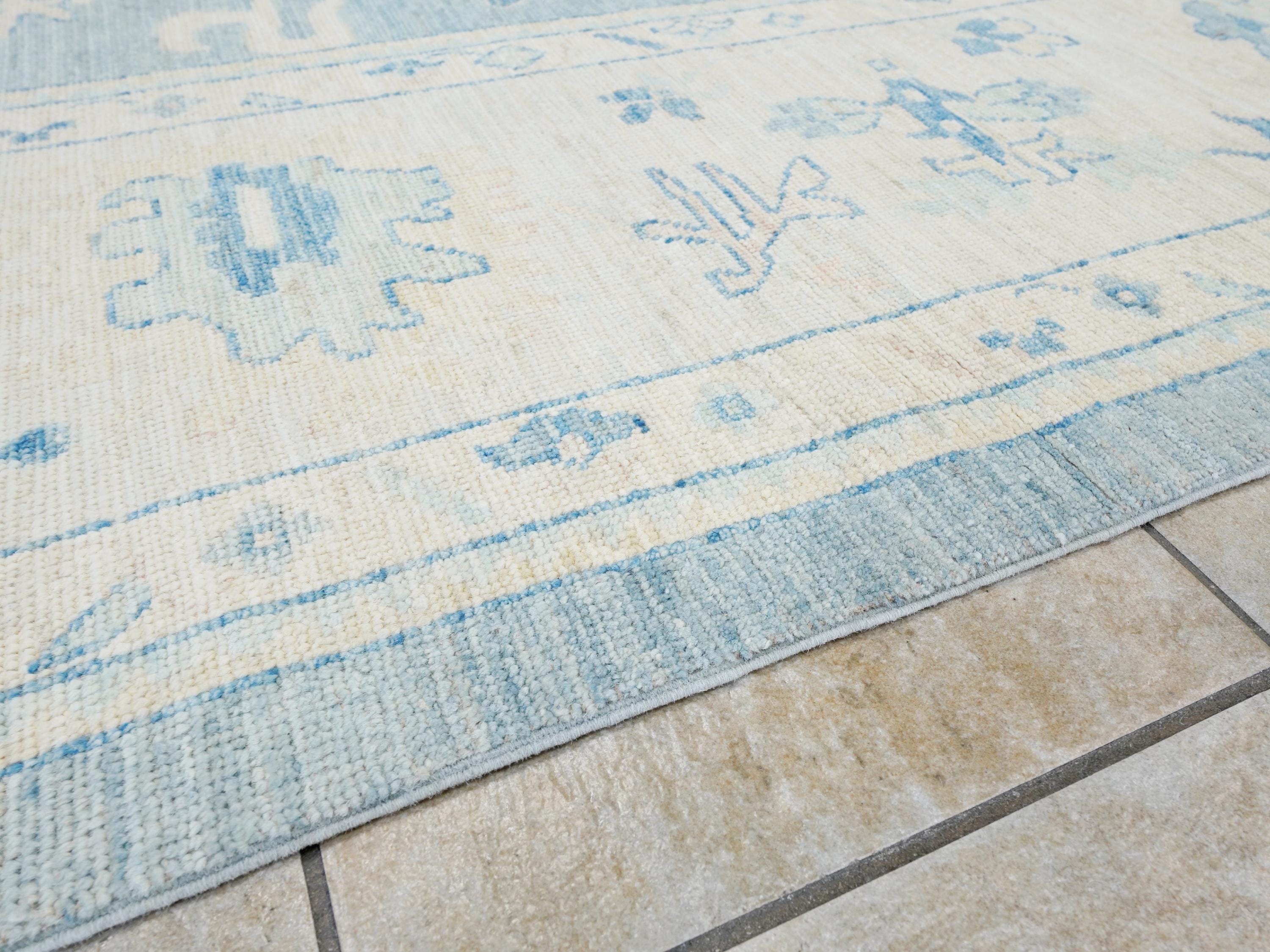 10x14 Ft Muted Blue Ushak Rug - Hand Knotted Wool Area Rug -  Floral Design