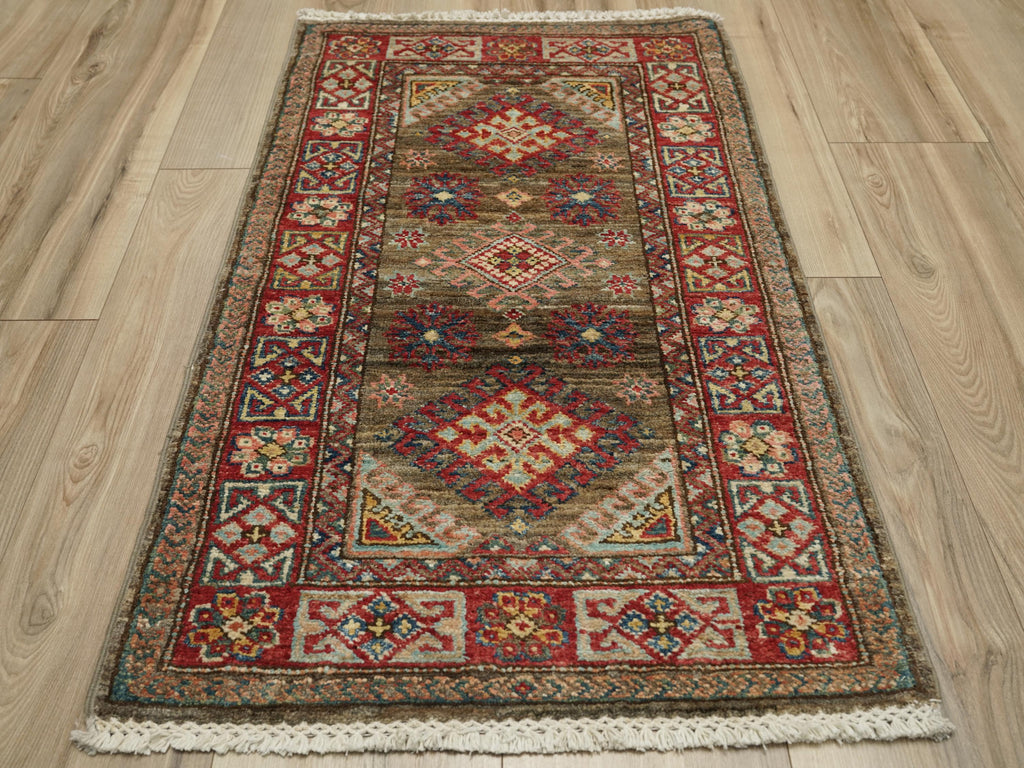 2x3 Ft Brown Kazak Rug - Afghan Wool Accent Rug
