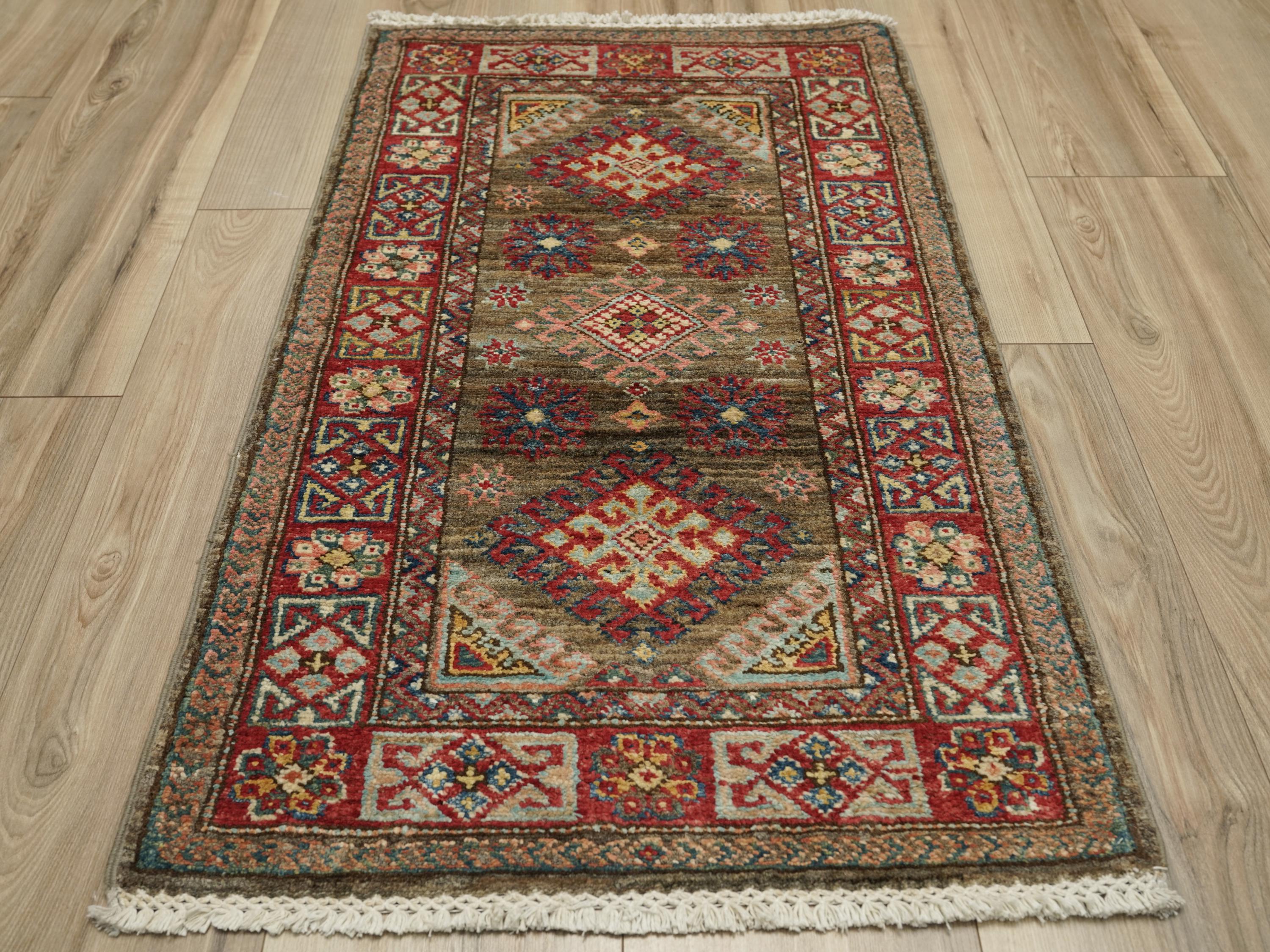 2x3 Ft Brown Kazak Rug - Afghan Wool Accent Rug