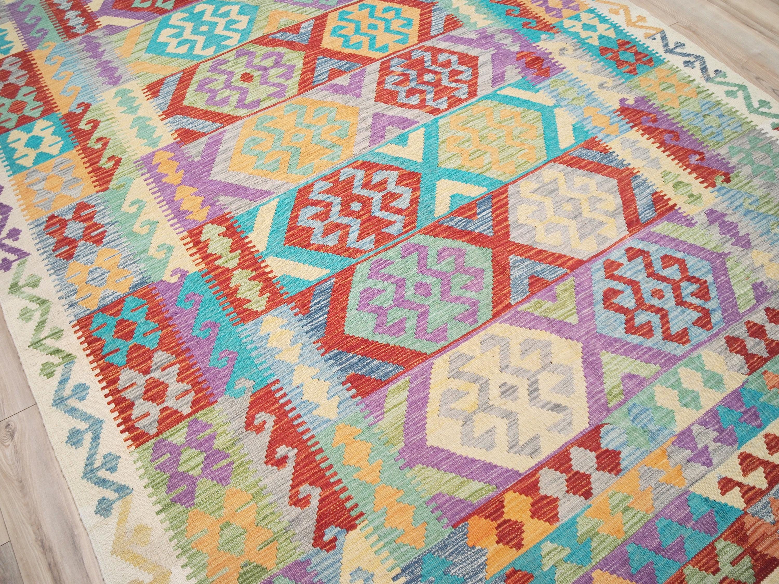 7x10 Ft Purple Kilim Rug - Flat Weave Afghan Rug