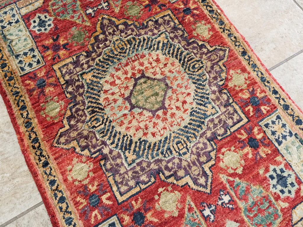 2x3 Ft Hand Knotted Wool Mamluk Rug - Red Oriental Accent Rug