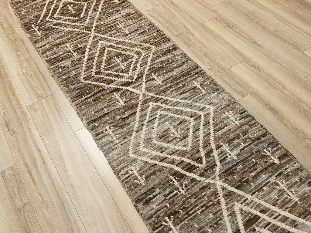 12 Ft Brown Moroccan Runner Rug: Afghan Handmade Wool Rug