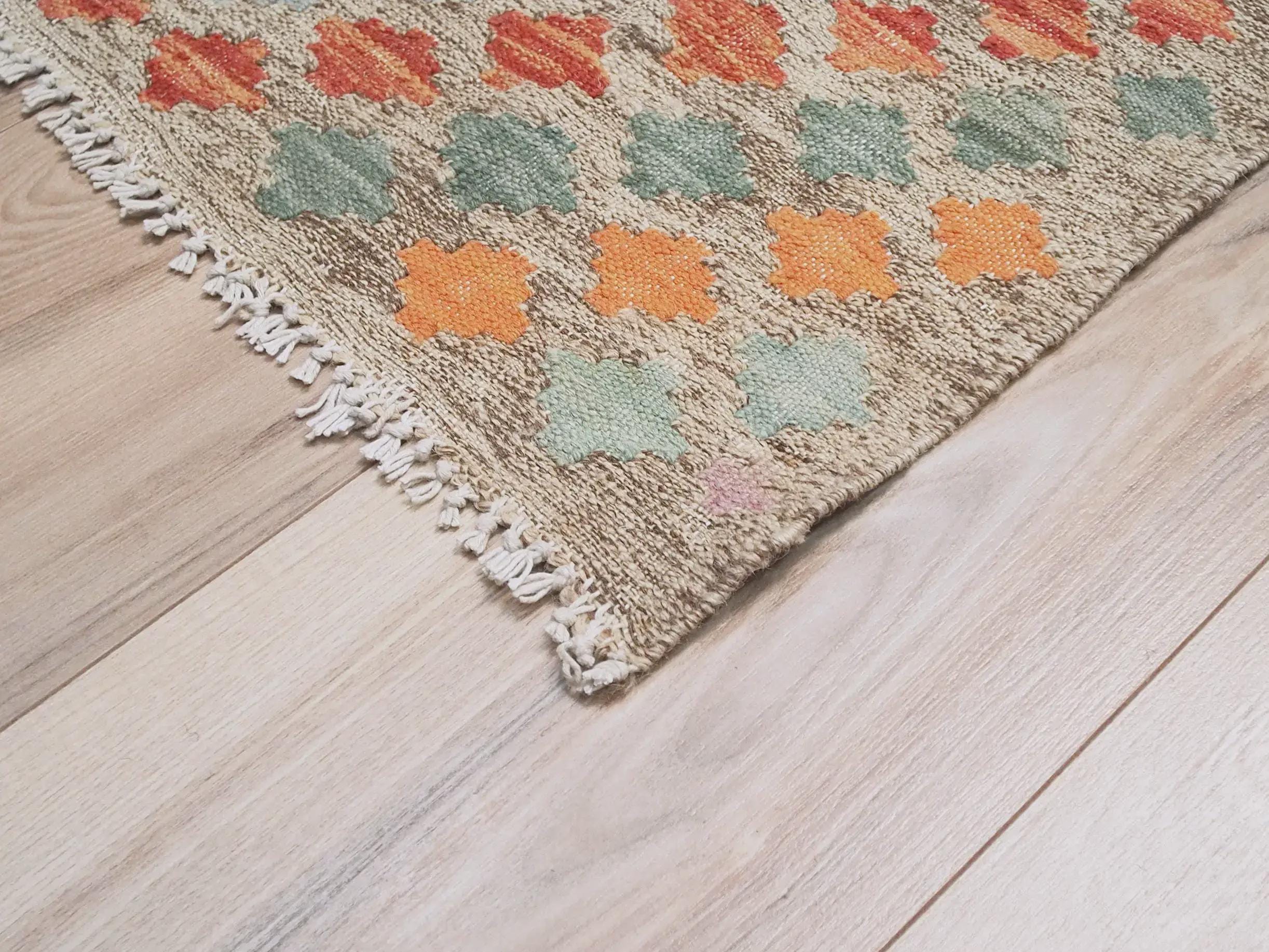 5x6 Ft Tribal Kilim Rug: Red Orange Flat Weave Wool Rug