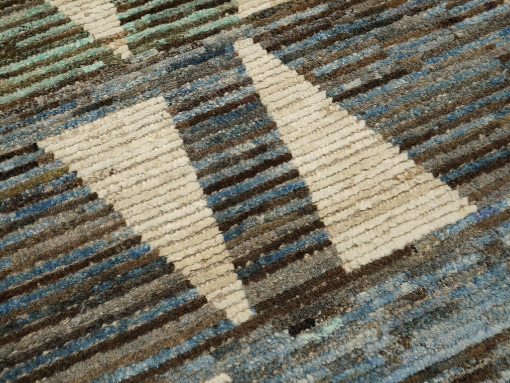 10 Ft White & Blue Handmade Moroccan Runner Rug - Contemporary Design