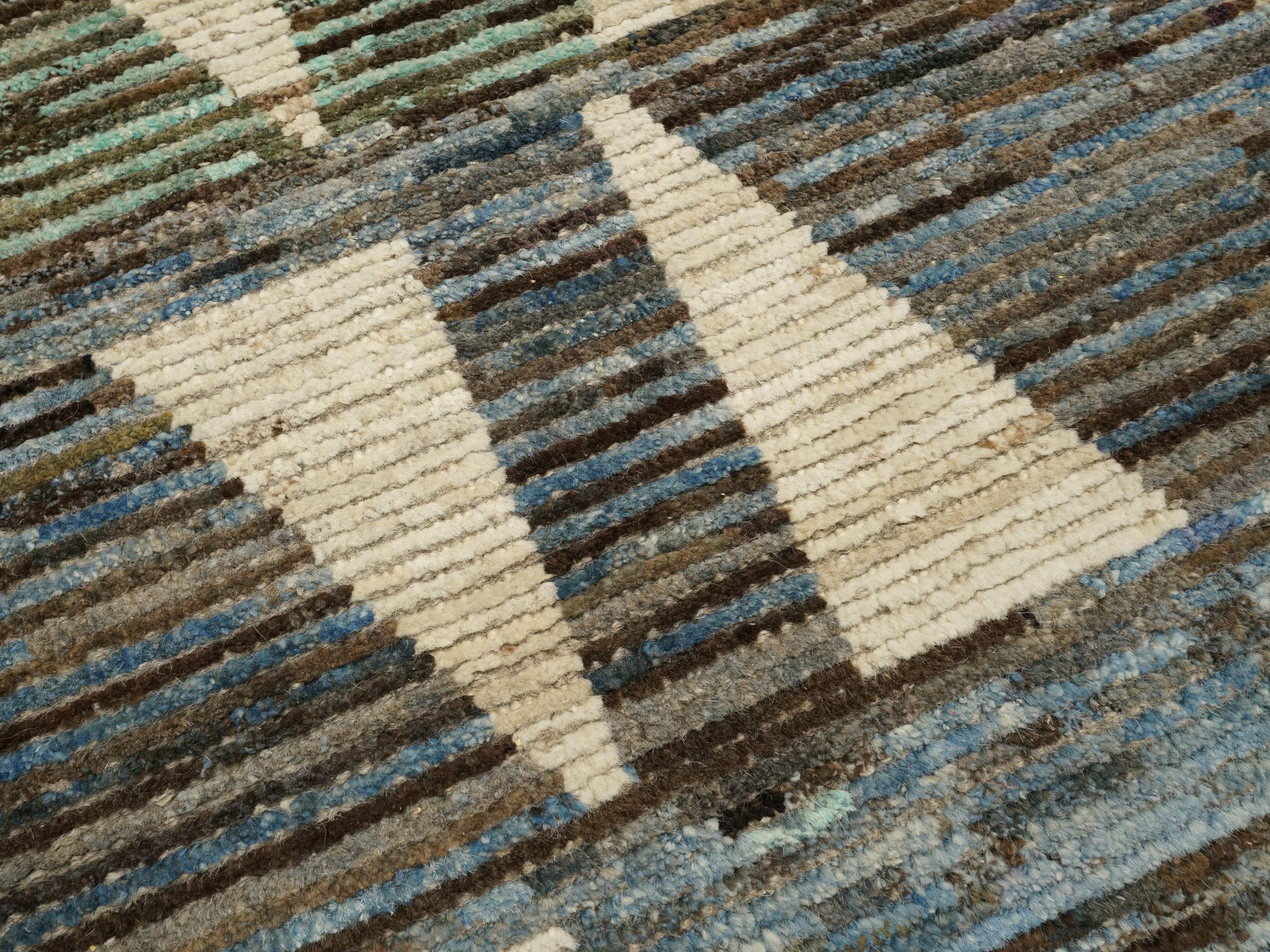 10 Ft White & Blue Handmade Moroccan Runner Rug - Contemporary Design