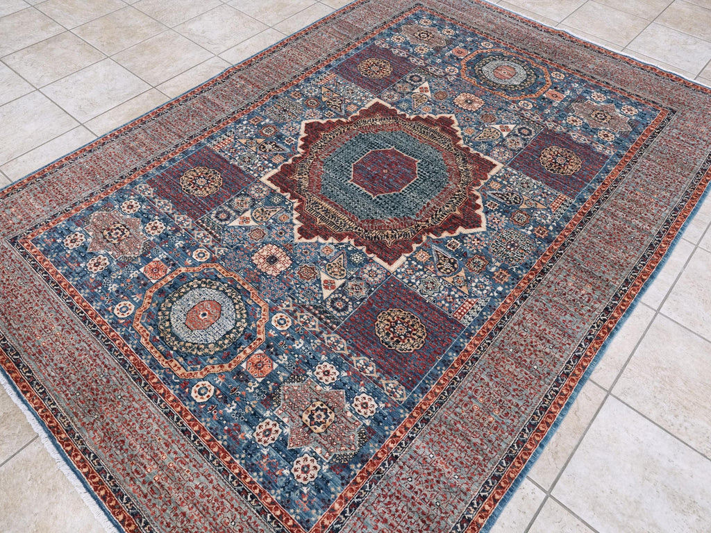 6x9 Ft Blue Mamluk Rug - Hand Knotted Afghan Wool Rug - Geometric Design